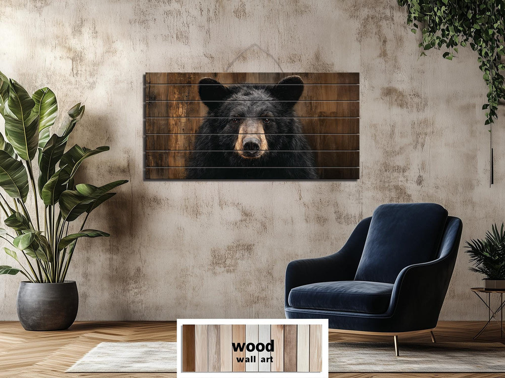 Black Bear Portrait Large Horizontal Wood Wall Art, Rustic Cabin Hunting Lodge Or Man Cave Decor