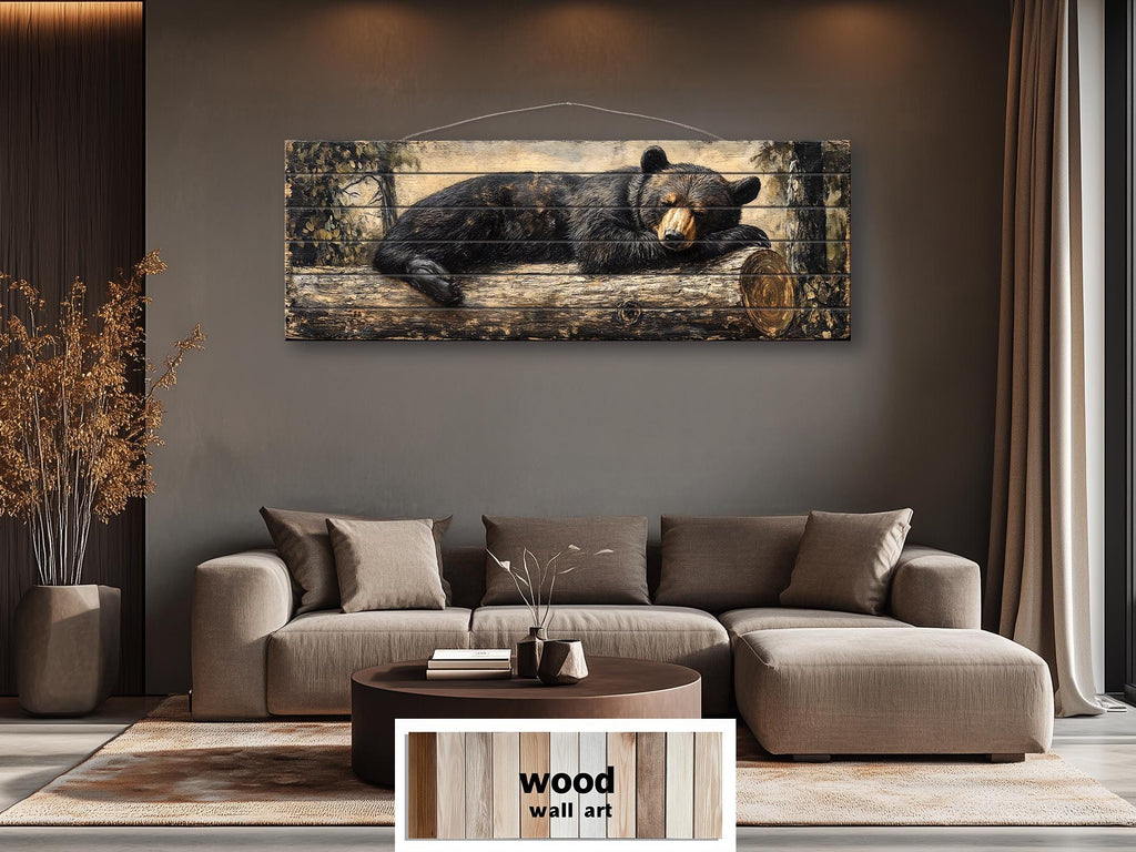 Black Bear Sleeping On A Log Distressed Wood Wall Art | Cabin Lodge Decor