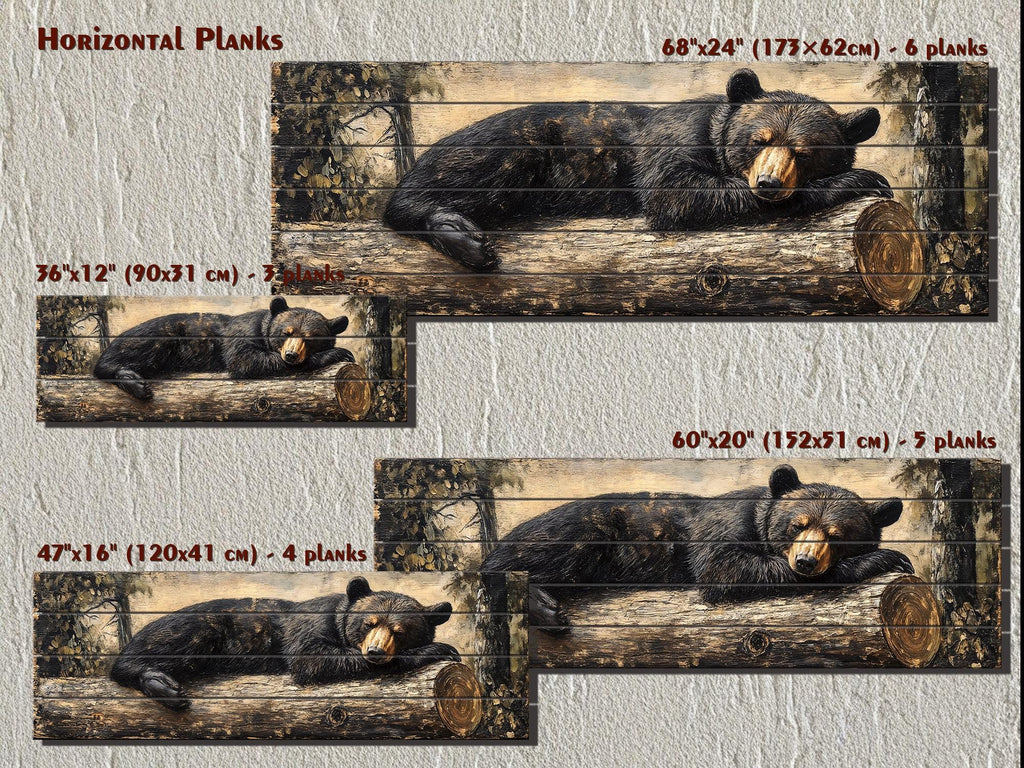 Black Bear Sleeping On A Log Distressed Wood Wall Art | Cabin Lodge Decor
