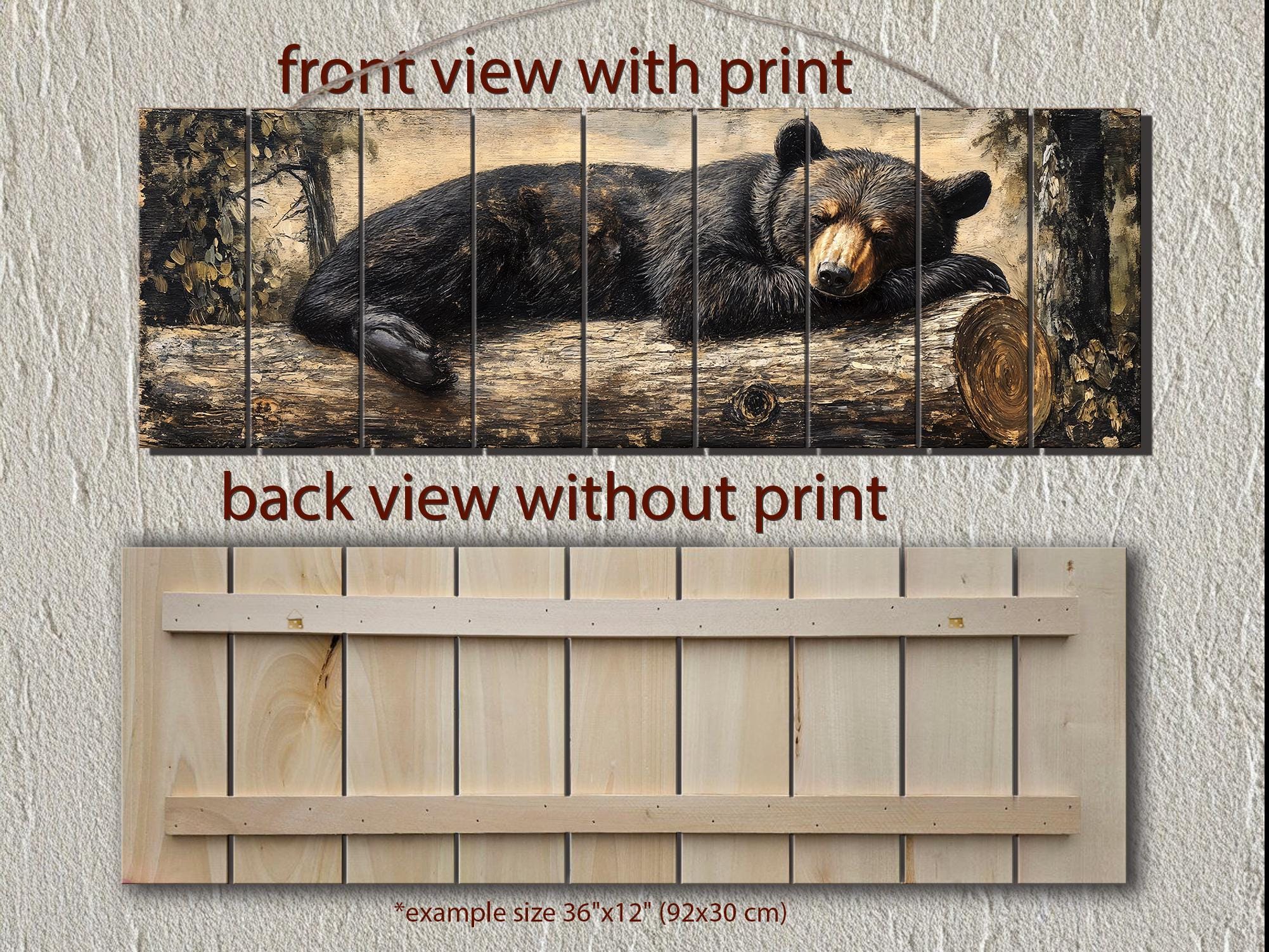 Black Bear Sleeping On A Log Distressed Wood Wall Art | Cabin Lodge Decor