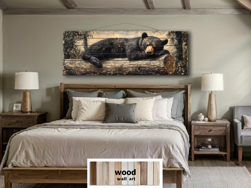 Black Bear Sleeping On A Log Distressed Wood Wall Art | Cabin Lodge Decor