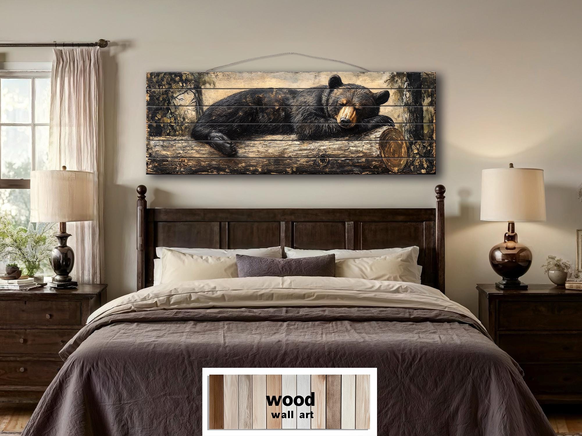 Black Bear Sleeping On A Log Distressed Wood Wall Art | Cabin Lodge Decor