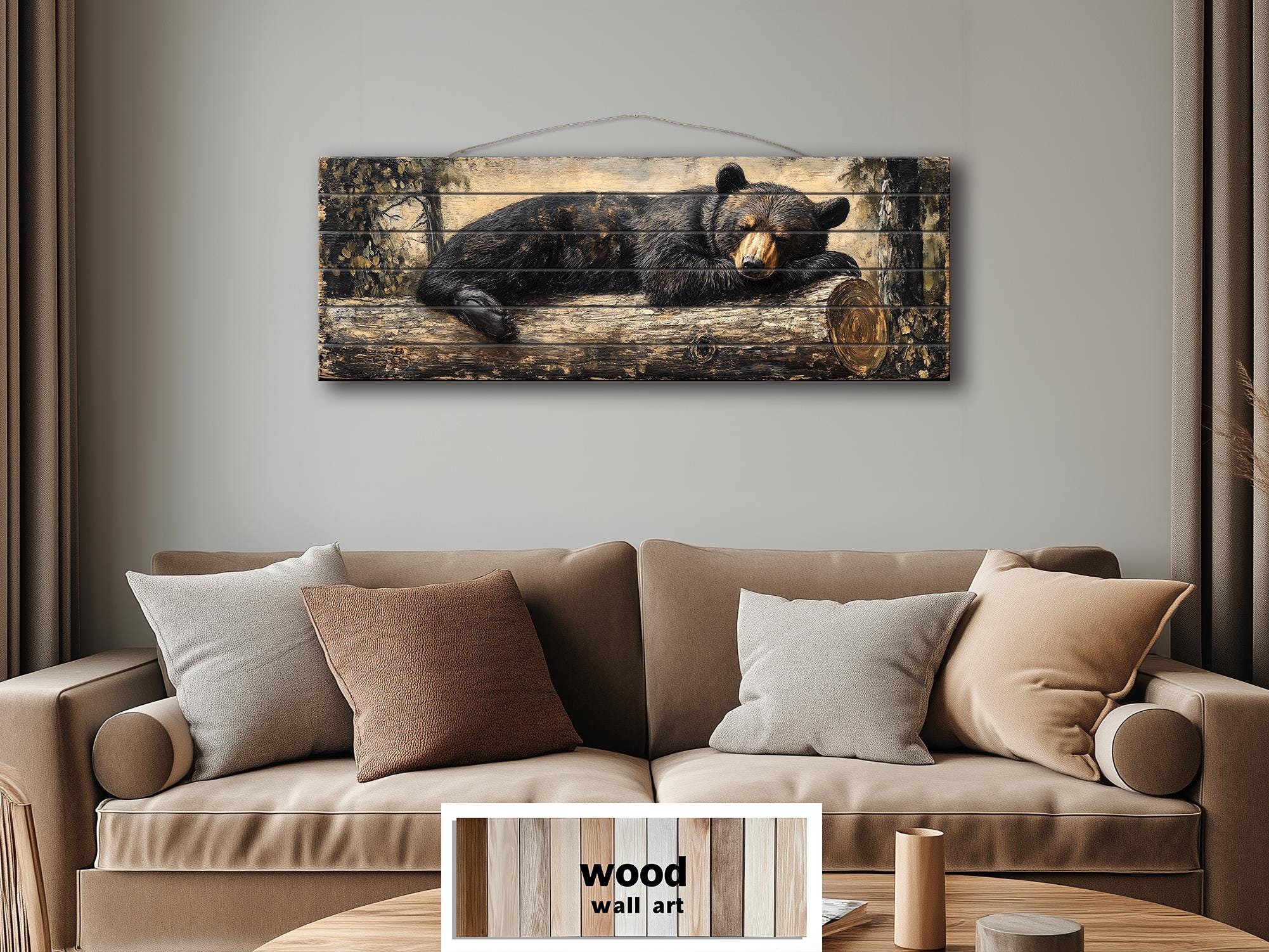 Black Bear Sleeping On A Log Distressed Wood Wall Art | Cabin Lodge Decor