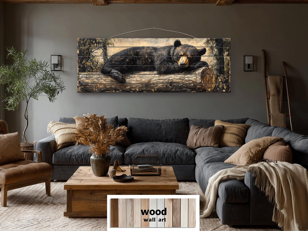 Black Bear Sleeping On A Log Distressed Wood Wall Art | Cabin Lodge Decor