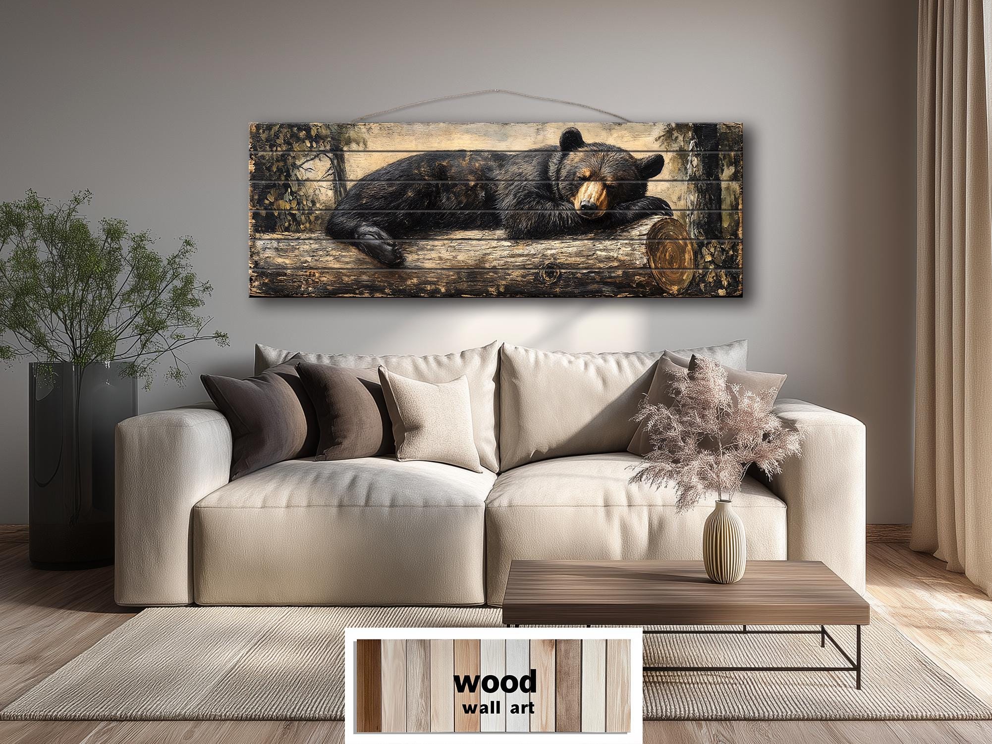 Black Bear Sleeping On A Log Distressed Wood Wall Art | Cabin Lodge Decor