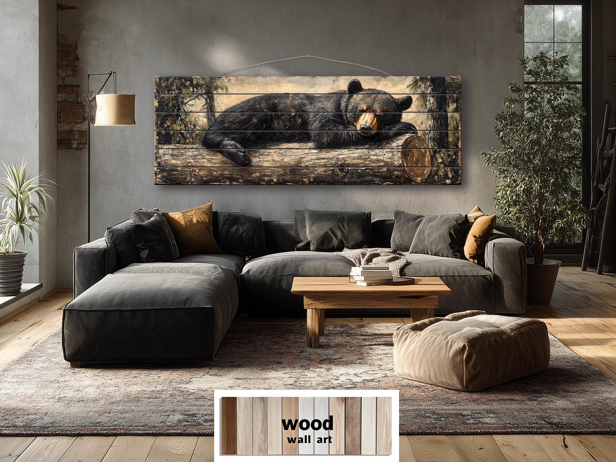 Black Bear Sleeping On A Log Distressed Wood Wall Art | Cabin Lodge Decor