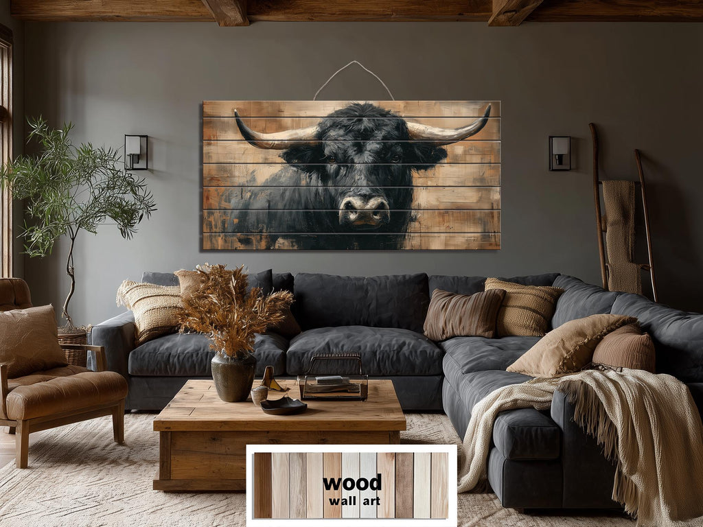 Black Bull Portrait Large Horizontal Wood Wall Art, Rustic Western Cabin Or Man Cave Decor