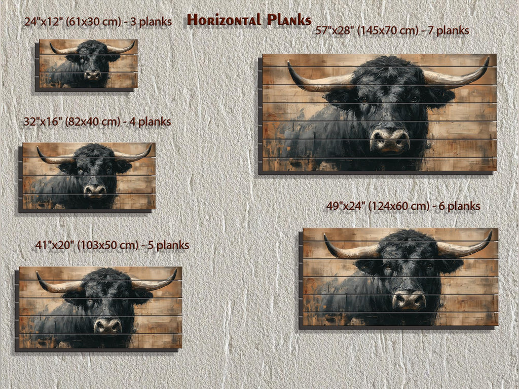 Black Bull Portrait Large Horizontal Wood Wall Art, Rustic Western Cabin Or Man Cave Decor