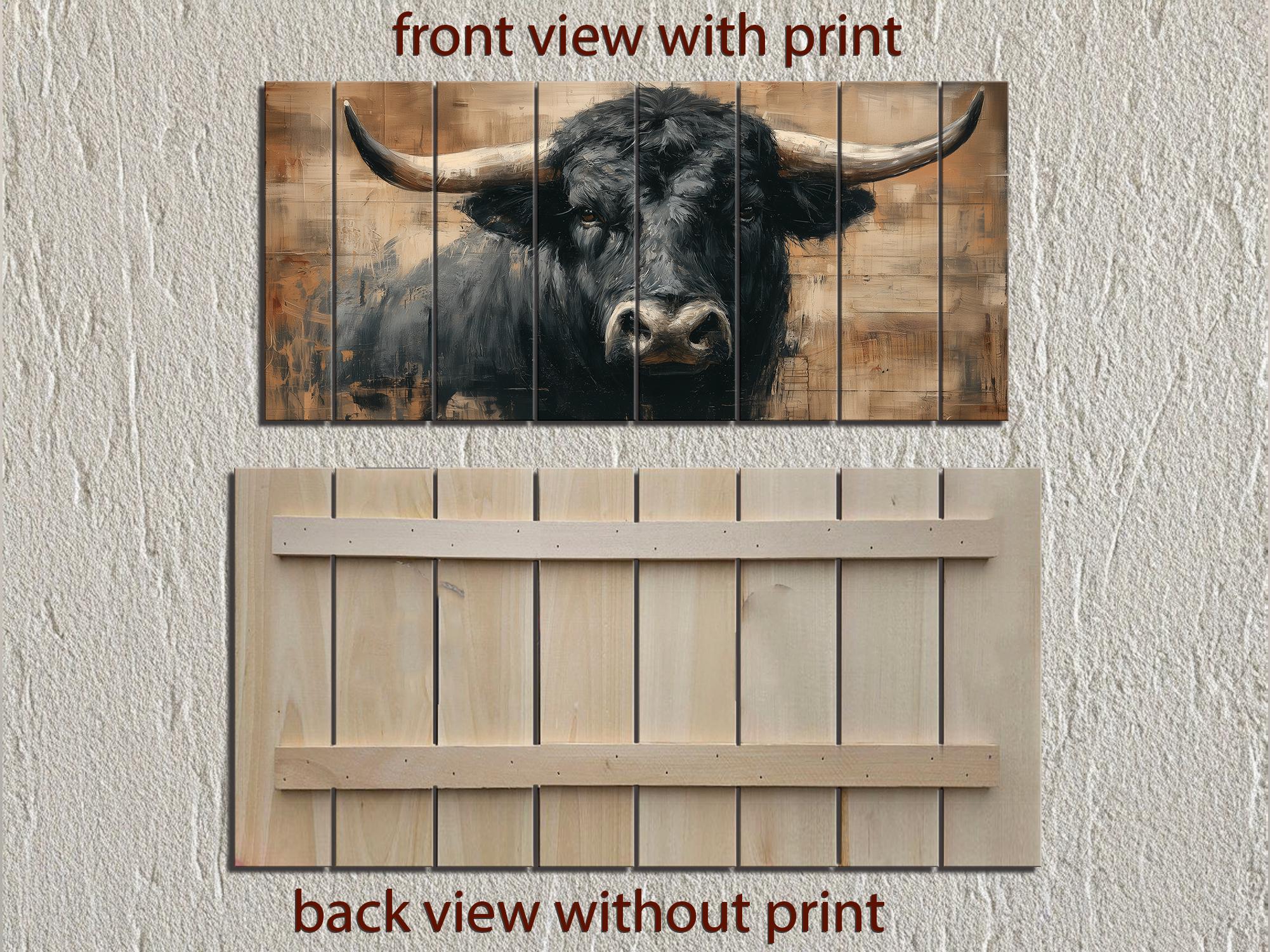 Black Bull Portrait Large Horizontal Wood Wall Art, Rustic Western Cabin Or Man Cave Decor