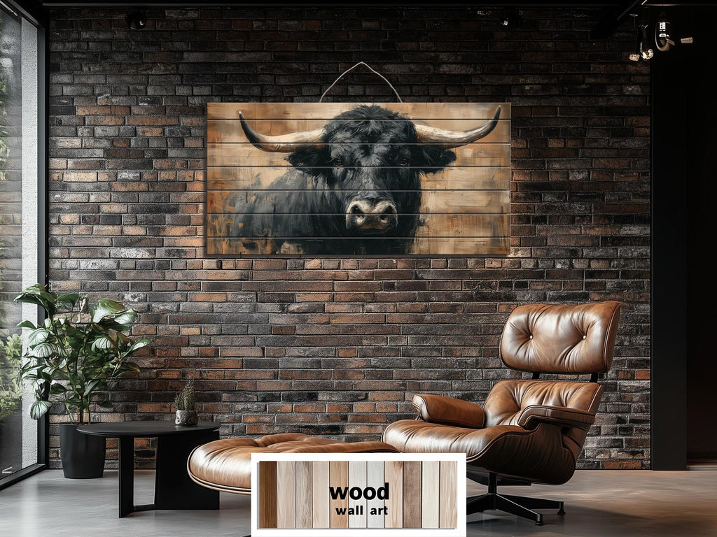 Black Bull Portrait Large Horizontal Wood Wall Art, Rustic Western Cabin Or Man Cave Decor