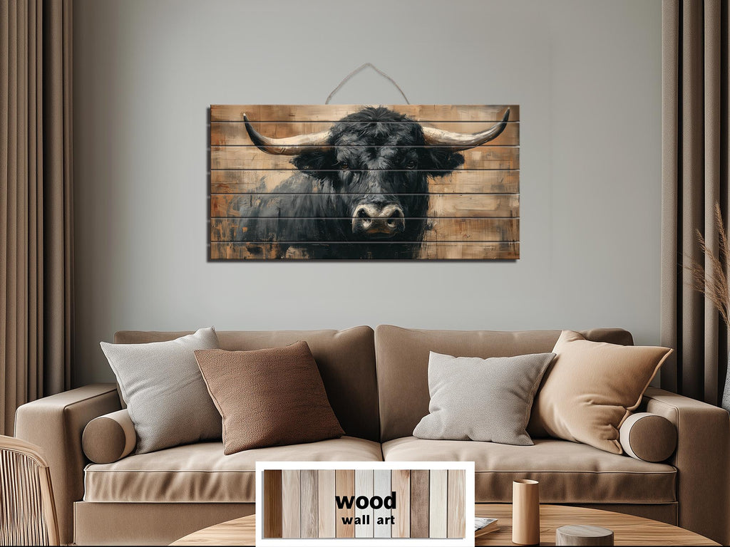 Black Bull Portrait Large Horizontal Wood Wall Art, Rustic Western Cabin Or Man Cave Decor