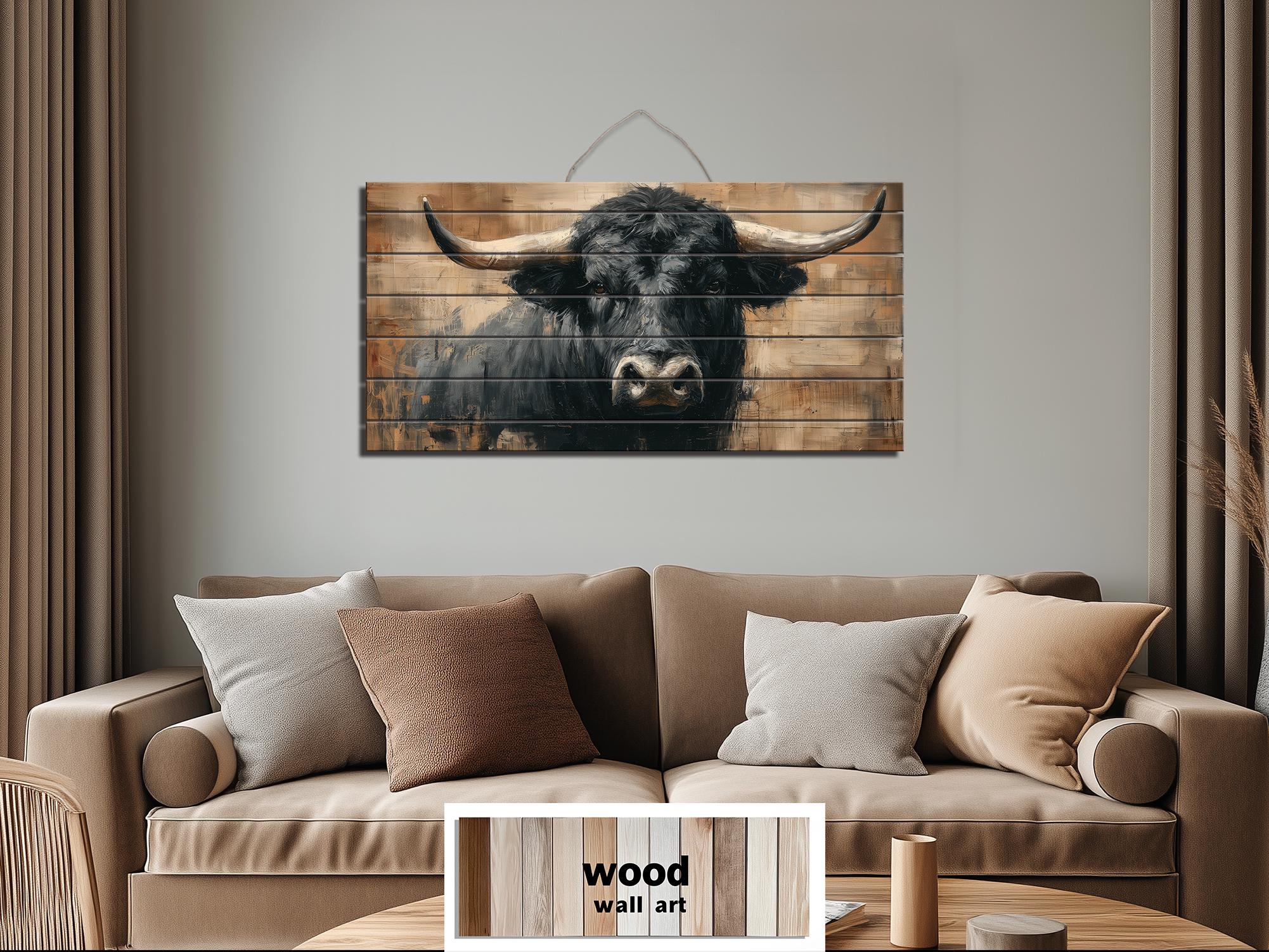 Black Bull Portrait Large Horizontal Wood Wall Art, Rustic Western Cabin Or Man Cave Decor