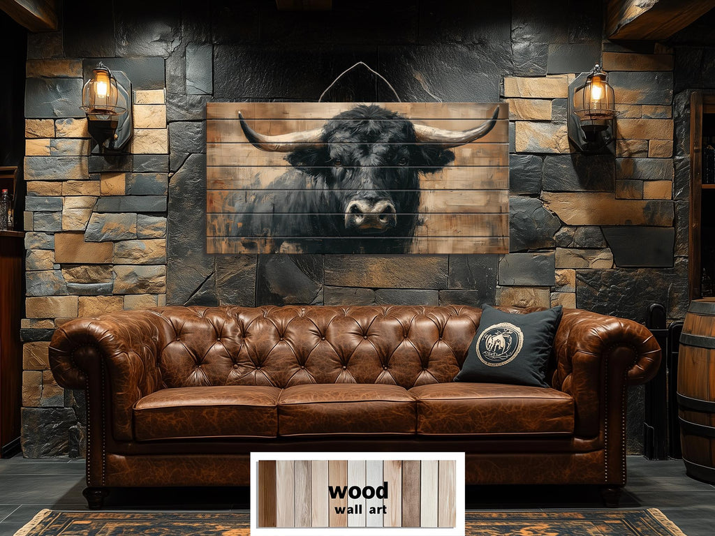 Black Bull Portrait Large Horizontal Wood Wall Art, Rustic Western Cabin Or Man Cave Decor