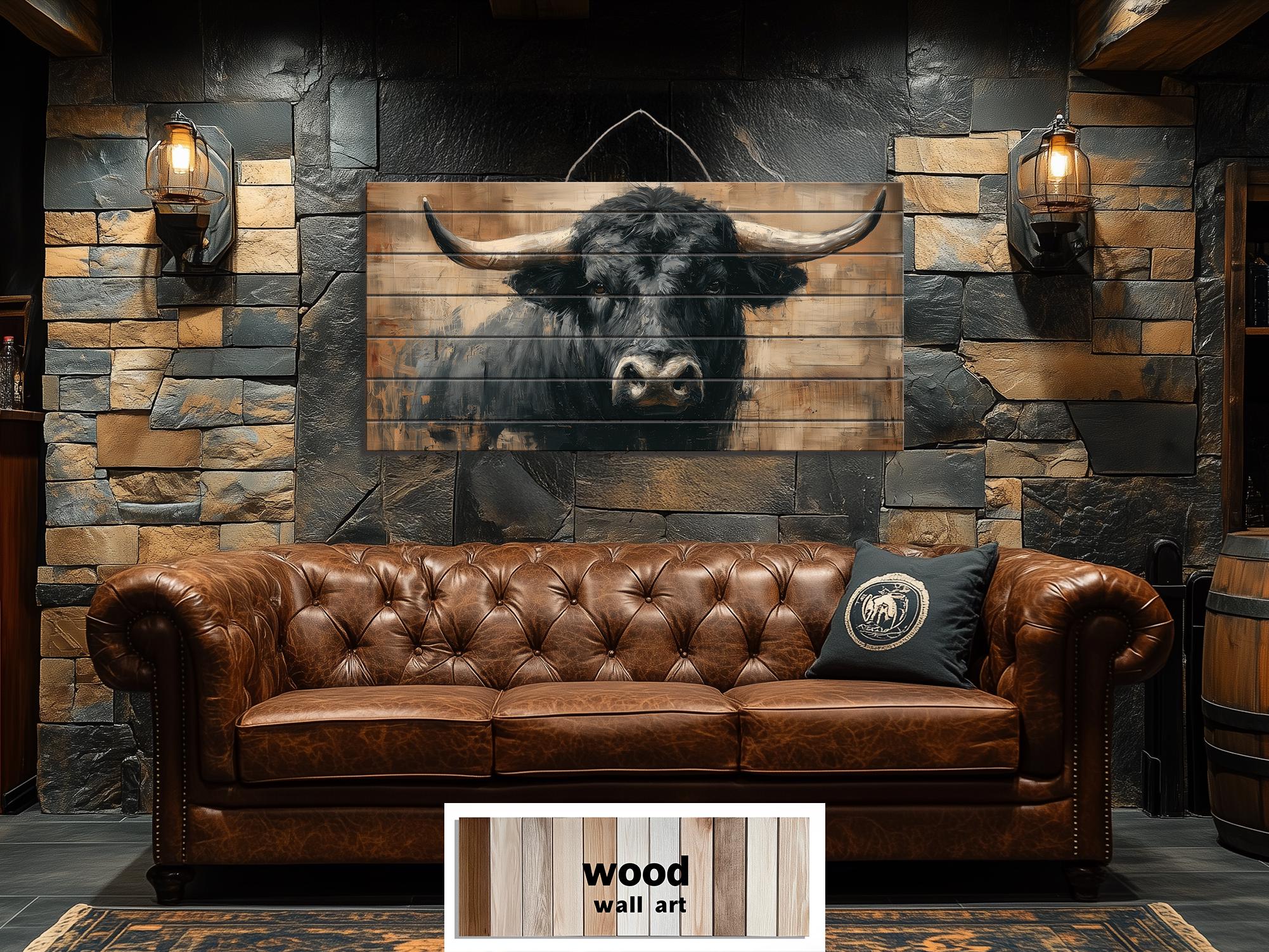 Black Bull Portrait Large Horizontal Wood Wall Art, Rustic Western Cabin Or Man Cave Decor