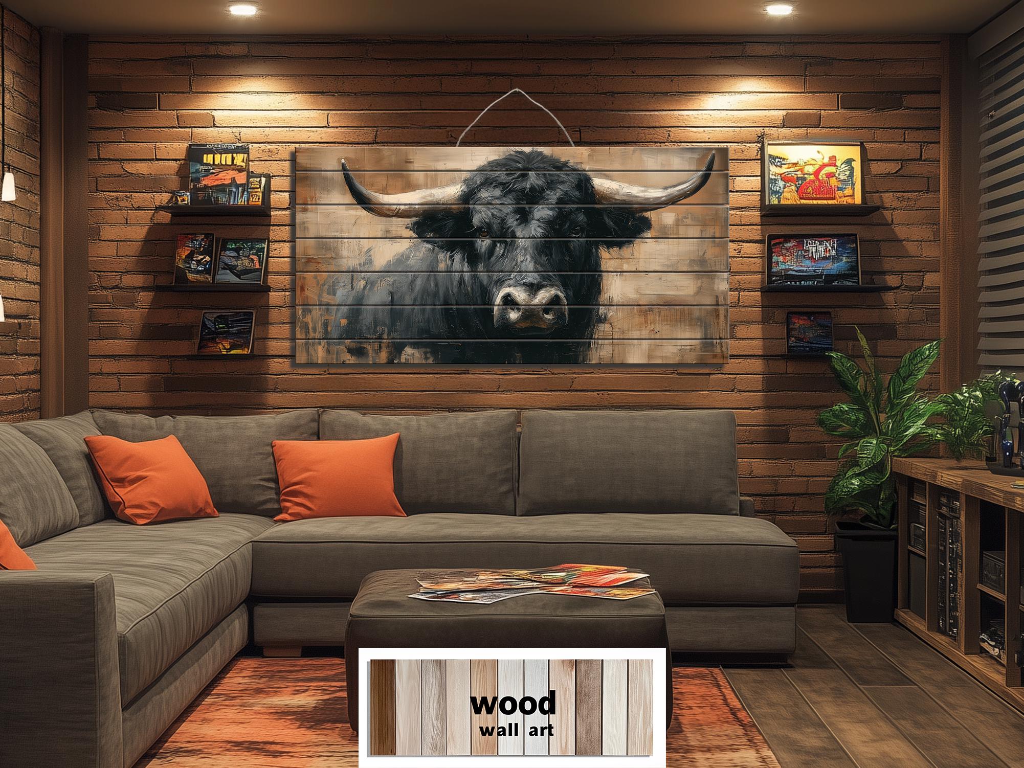 Black Bull Portrait Large Horizontal Wood Wall Art, Rustic Western Cabin Or Man Cave Decor