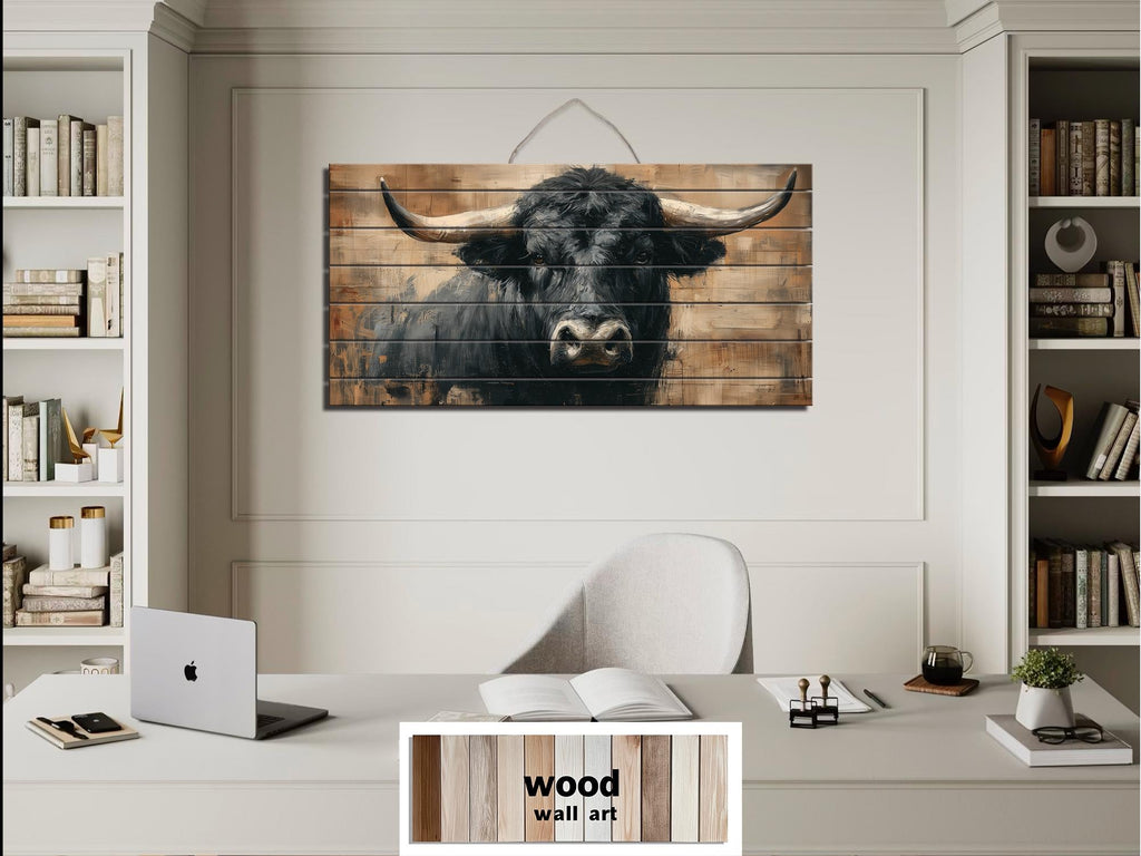 Black Bull Portrait Large Horizontal Wood Wall Art, Rustic Western Cabin Or Man Cave Decor
