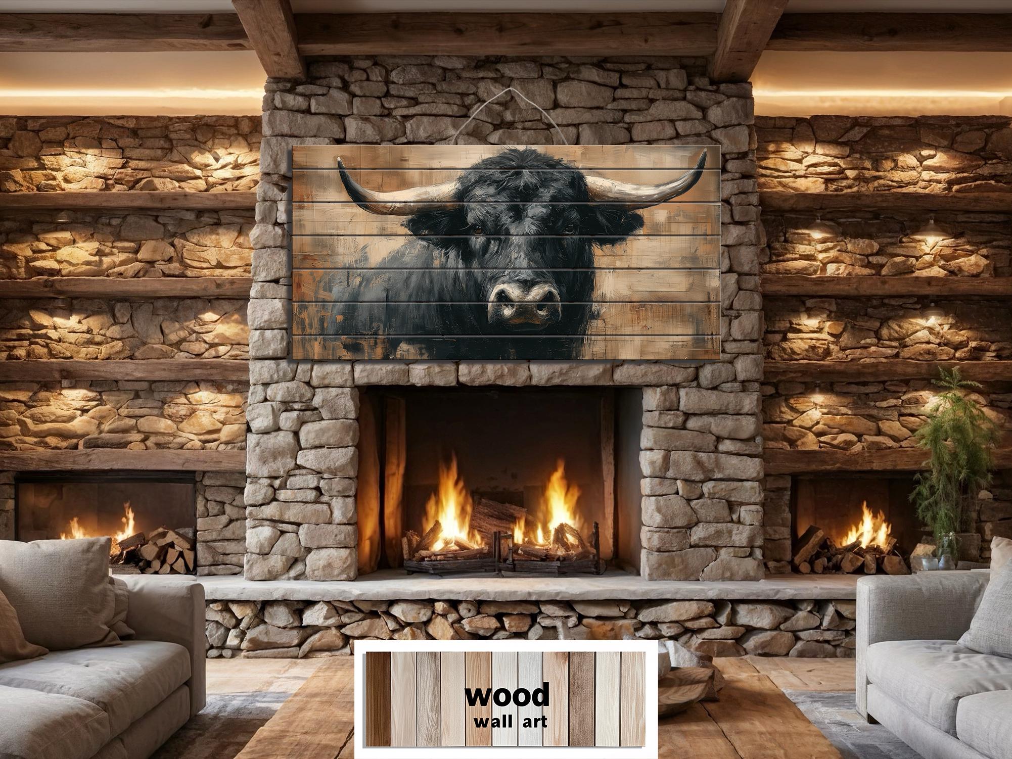 Black Bull Portrait Large Horizontal Wood Wall Art, Rustic Western Cabin Or Man Cave Decor