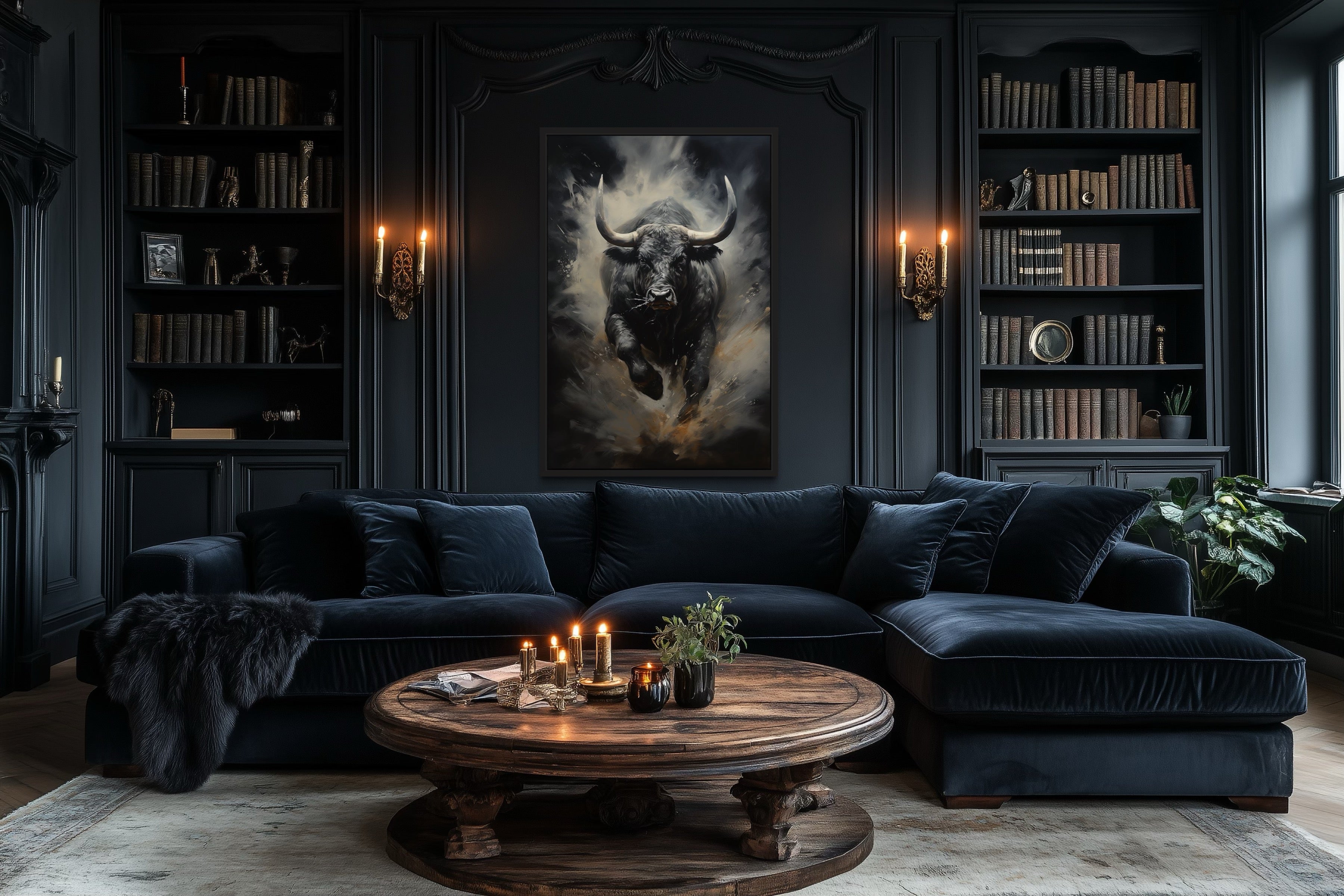 Black Charging Bull Abstract Framed Canvas Wall Art