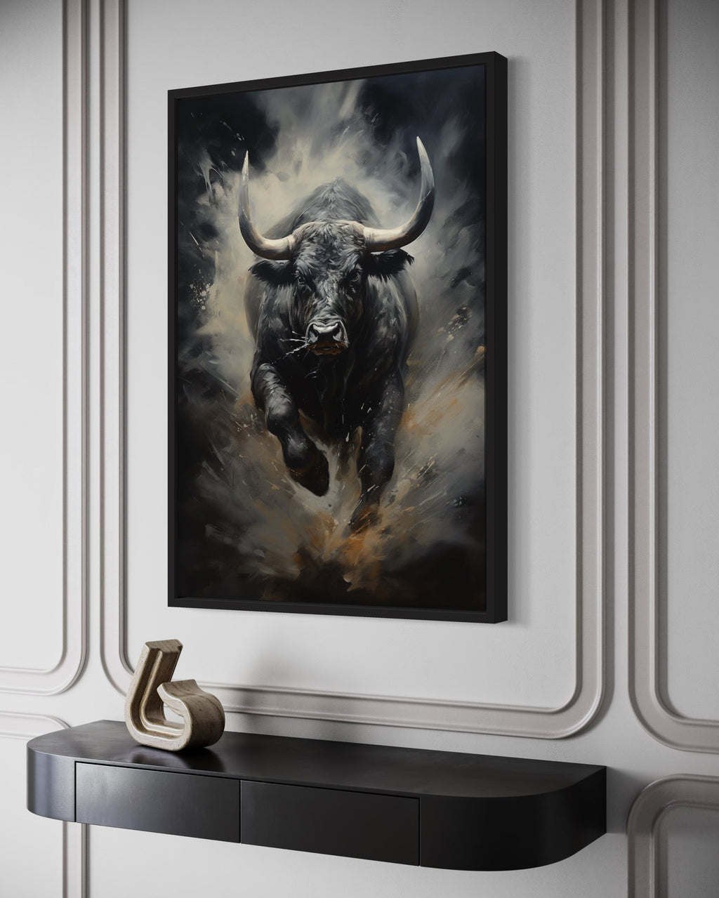 Black Charging Bull Abstract Framed Canvas Wall Art