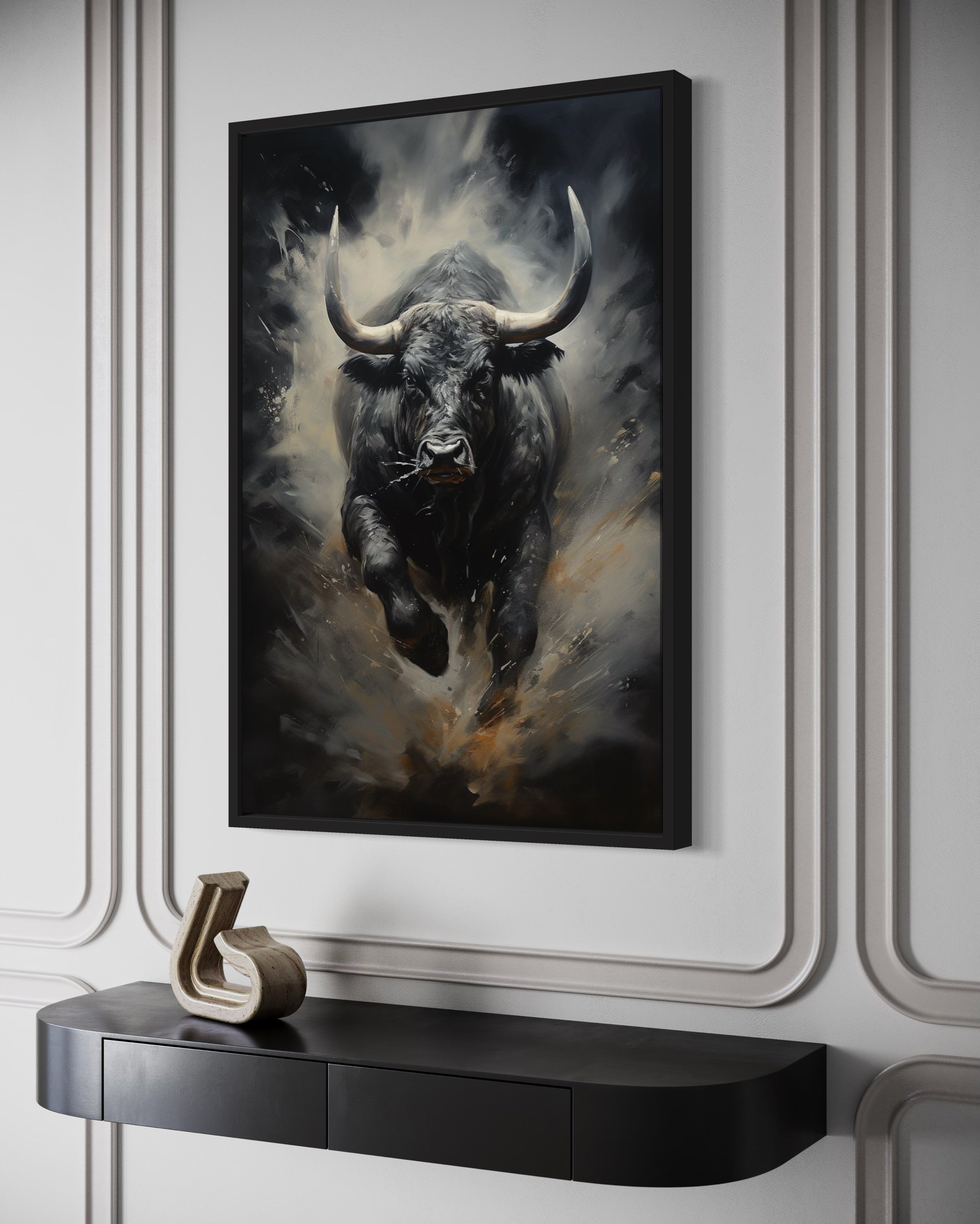Black Charging Bull Abstract Framed Canvas Wall Art