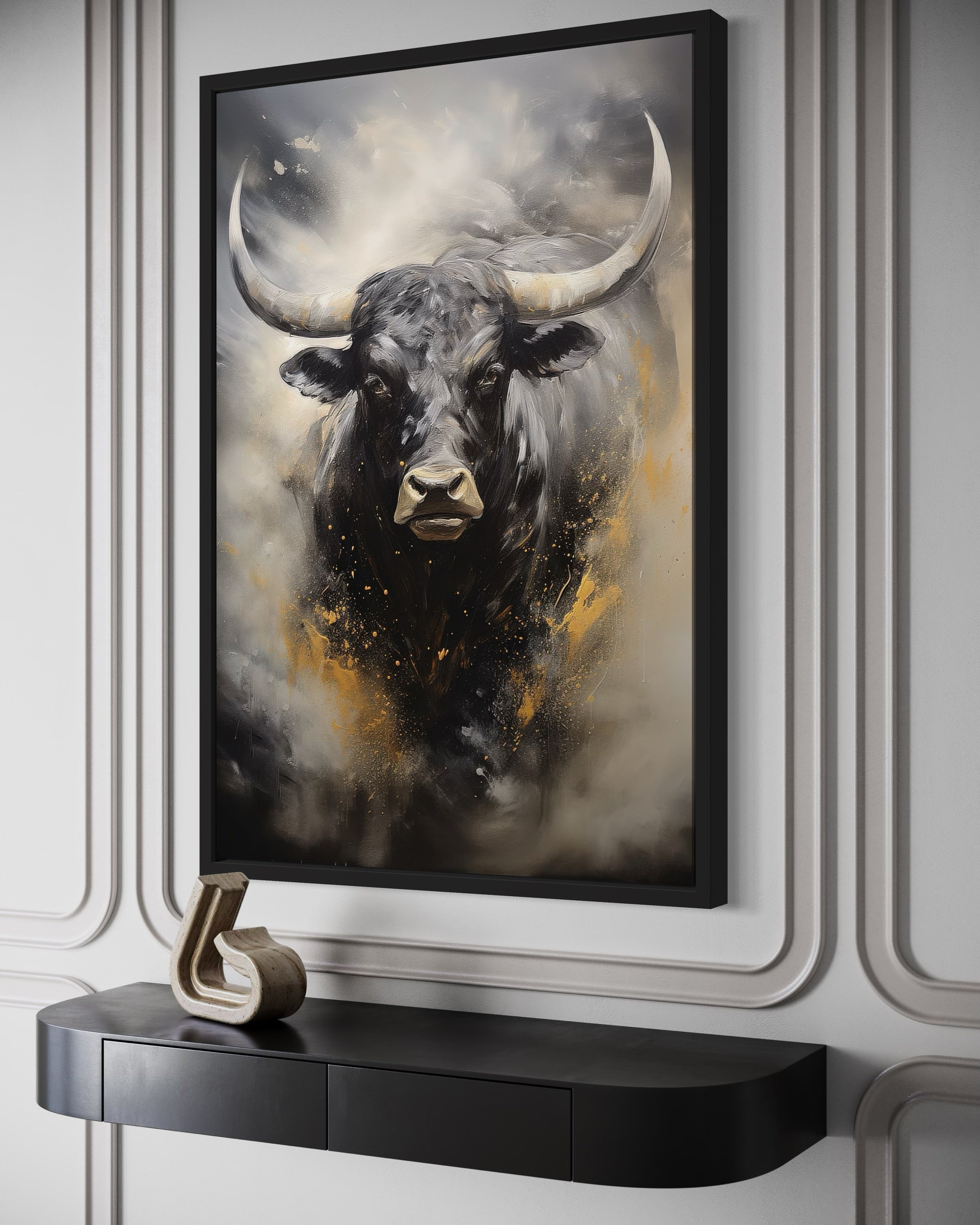 Black Charging Bull Abstract Framed Canvas Wall Art