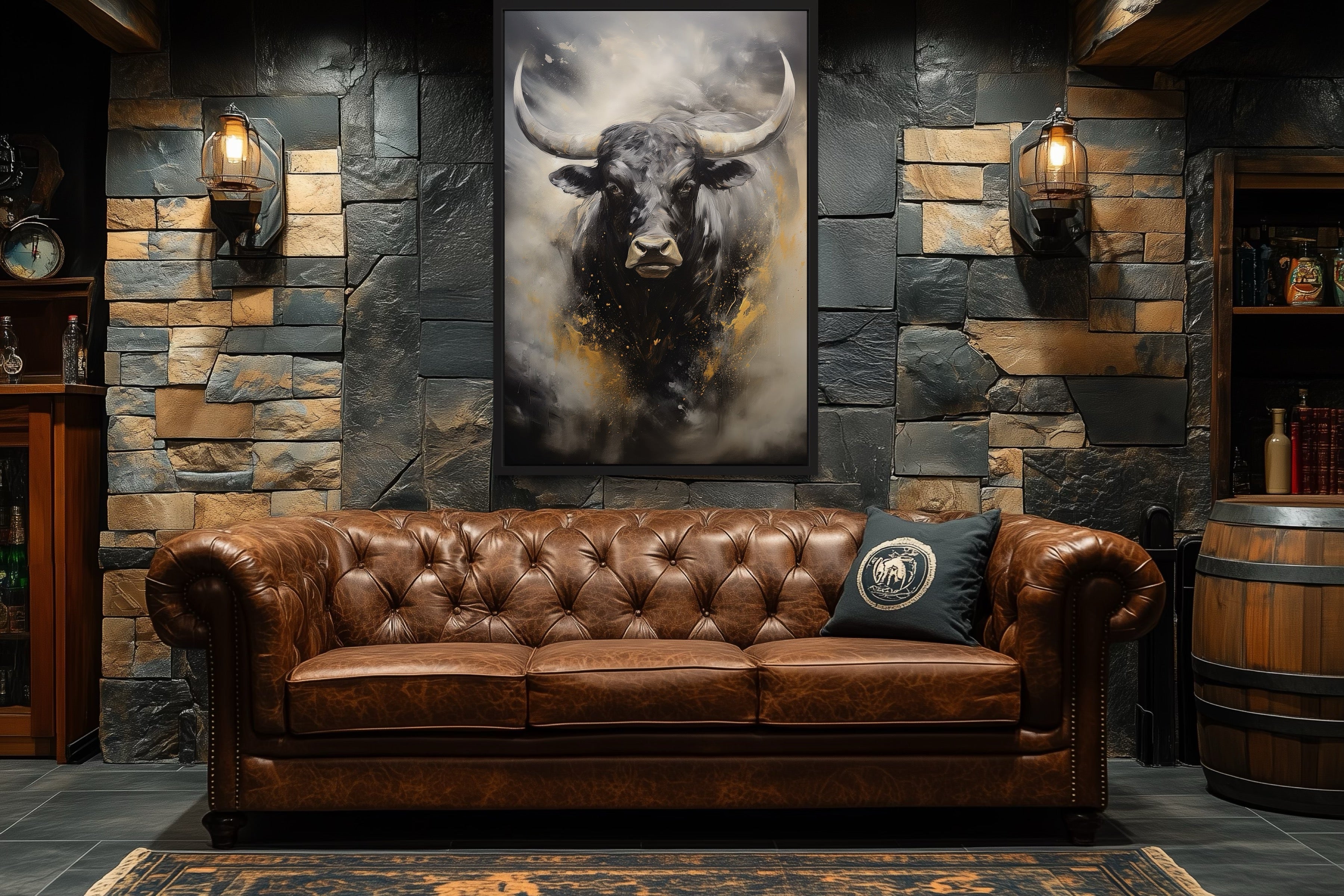 Black Charging Bull Abstract Framed Canvas Wall Art