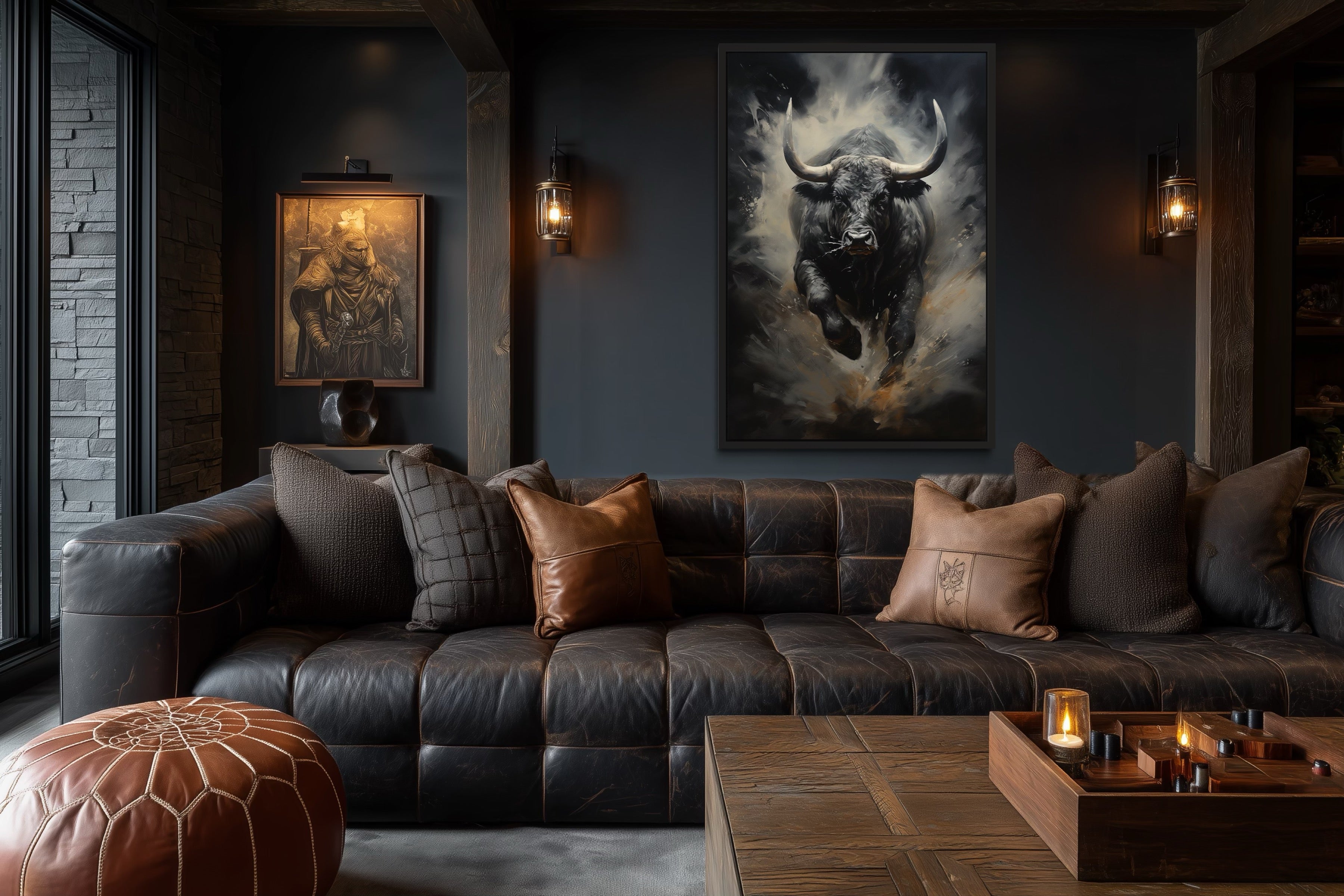 Black Charging Bull Abstract Framed Canvas Wall Art
