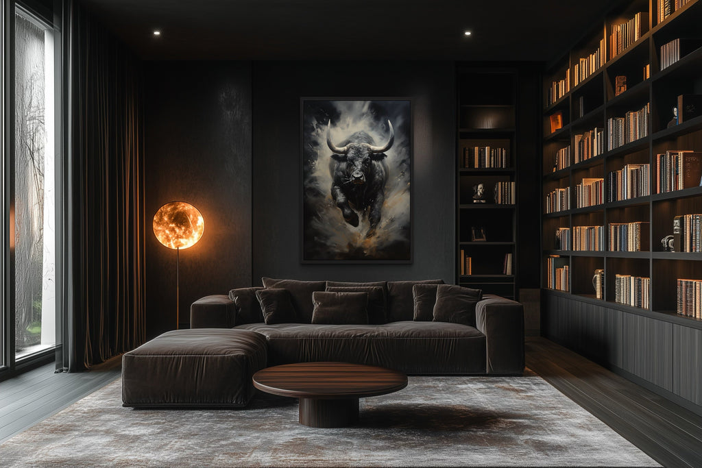 Black Charging Bull Abstract Framed Canvas Wall Art