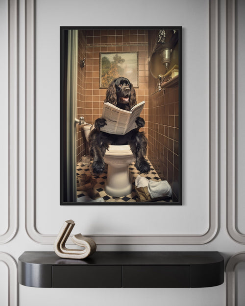 Black Cocker Spaniel Dog On The Toilet Reading Newspaper Picture