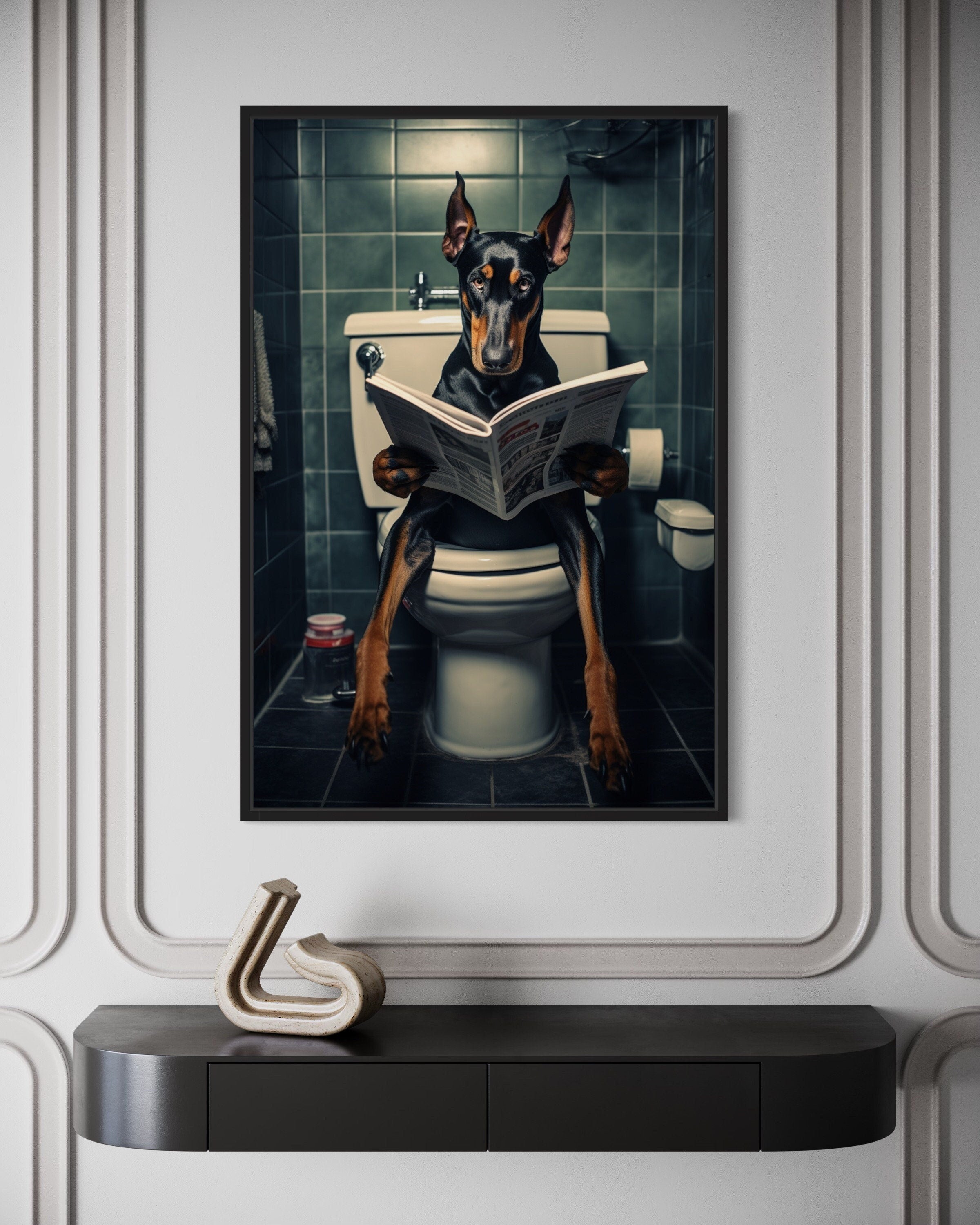 Black Dobermann Dog On The Toilet Reading Newspaper Picture