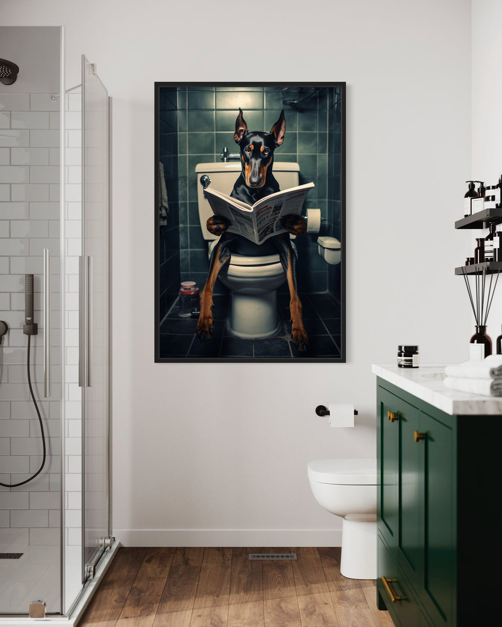 Black Dobermann Dog On The Toilet Reading Newspaper Picture