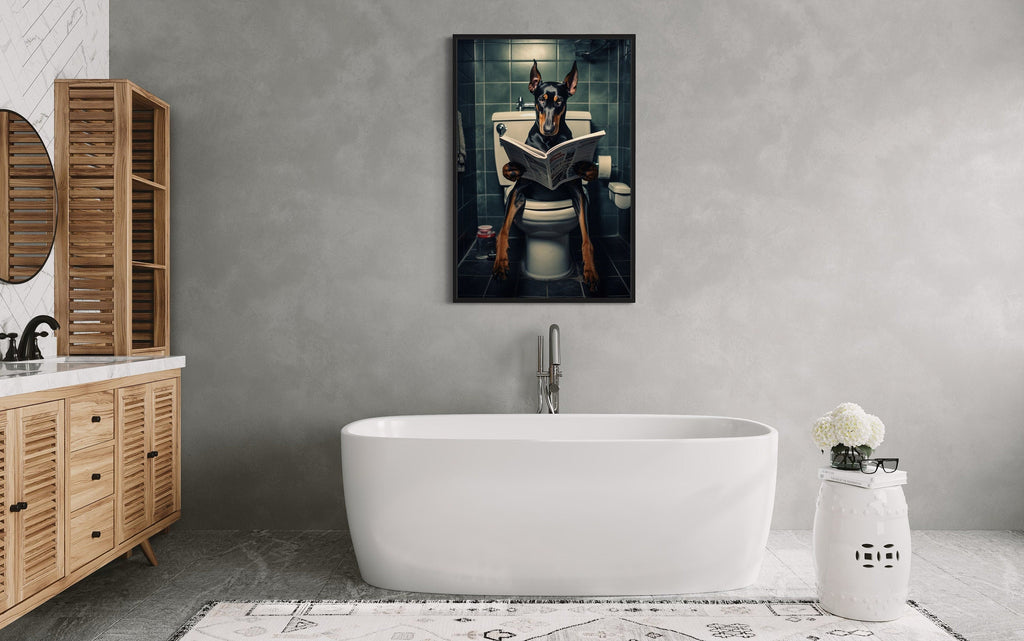 Black Dobermann Dog On The Toilet Reading Newspaper Picture