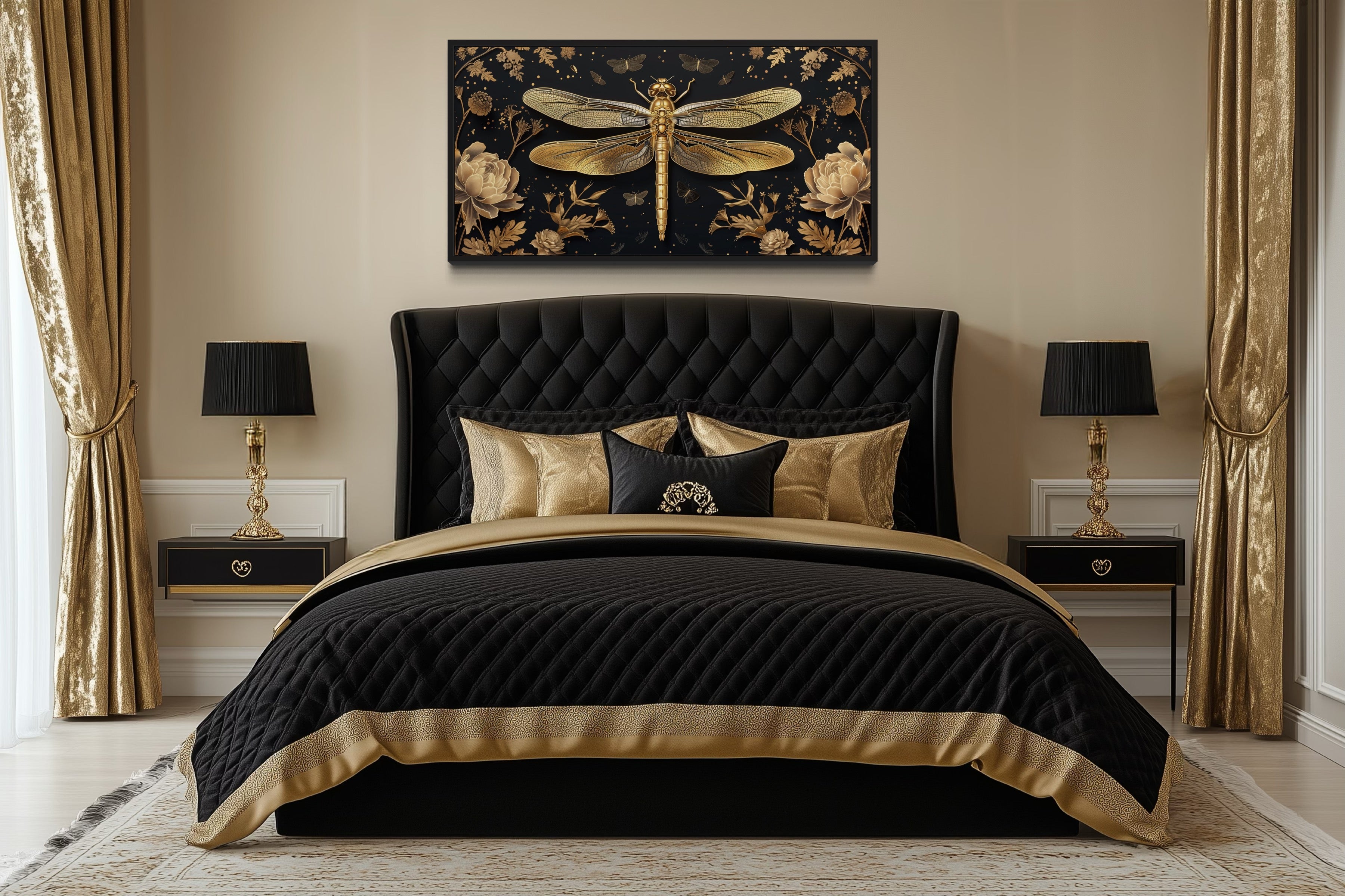 Black Gold Dragonfly Art – Elegant Framed Canvas Print With Floral Design