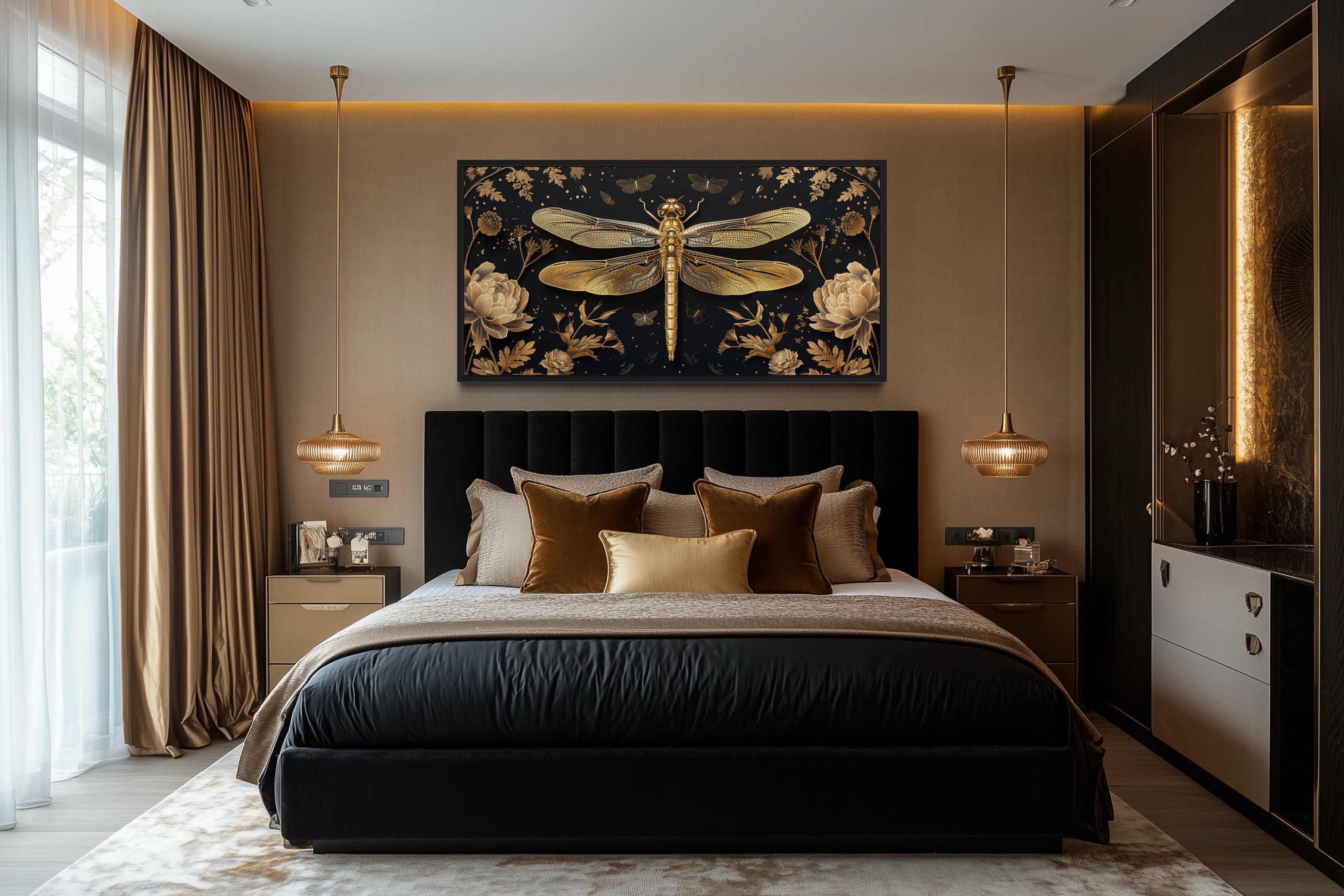 Black Gold Dragonfly Art – Elegant Framed Canvas Print With Floral Design