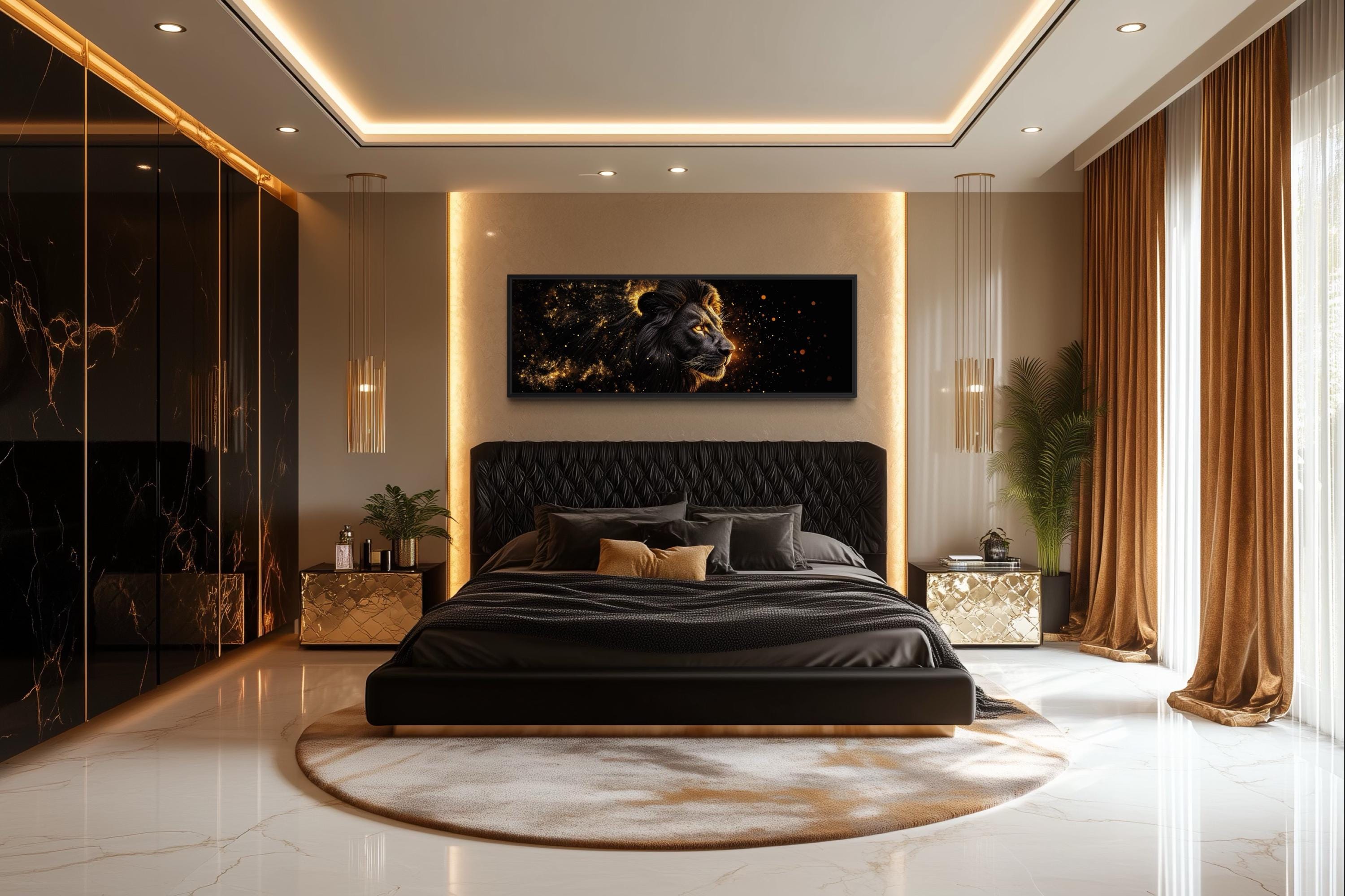 Black Gold Lion Art - Masculine Long Horizontal Canvas | Framed Lion Wall Decor