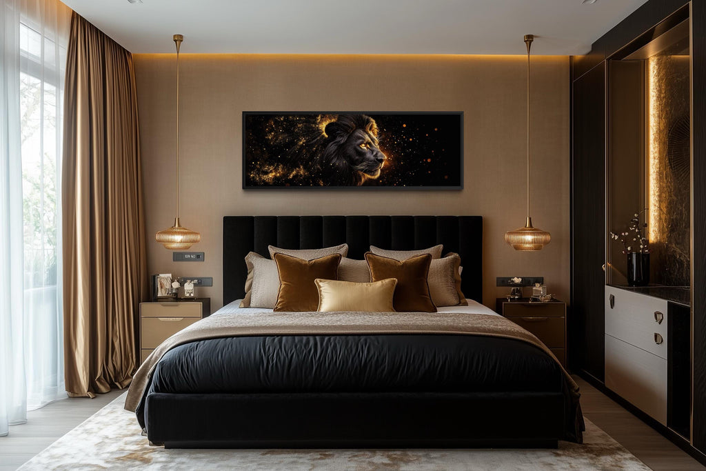Black Gold Lion Art - Masculine Long Horizontal Canvas | Framed Lion Wall Decor