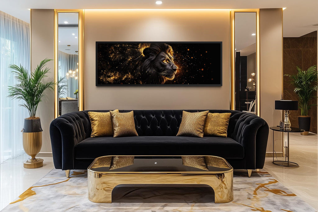 Black Gold Lion Art - Masculine Long Horizontal Canvas | Framed Lion Wall Decor