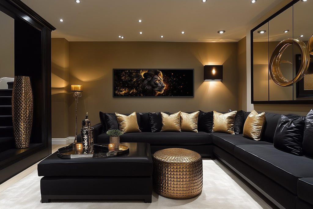 Black Gold Lion Art - Masculine Long Horizontal Canvas | Framed Lion Wall Decor