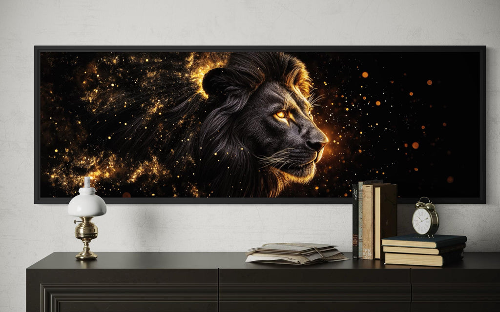 Black Gold Lion Art - Masculine Long Horizontal Canvas | Framed Lion Wall Decor