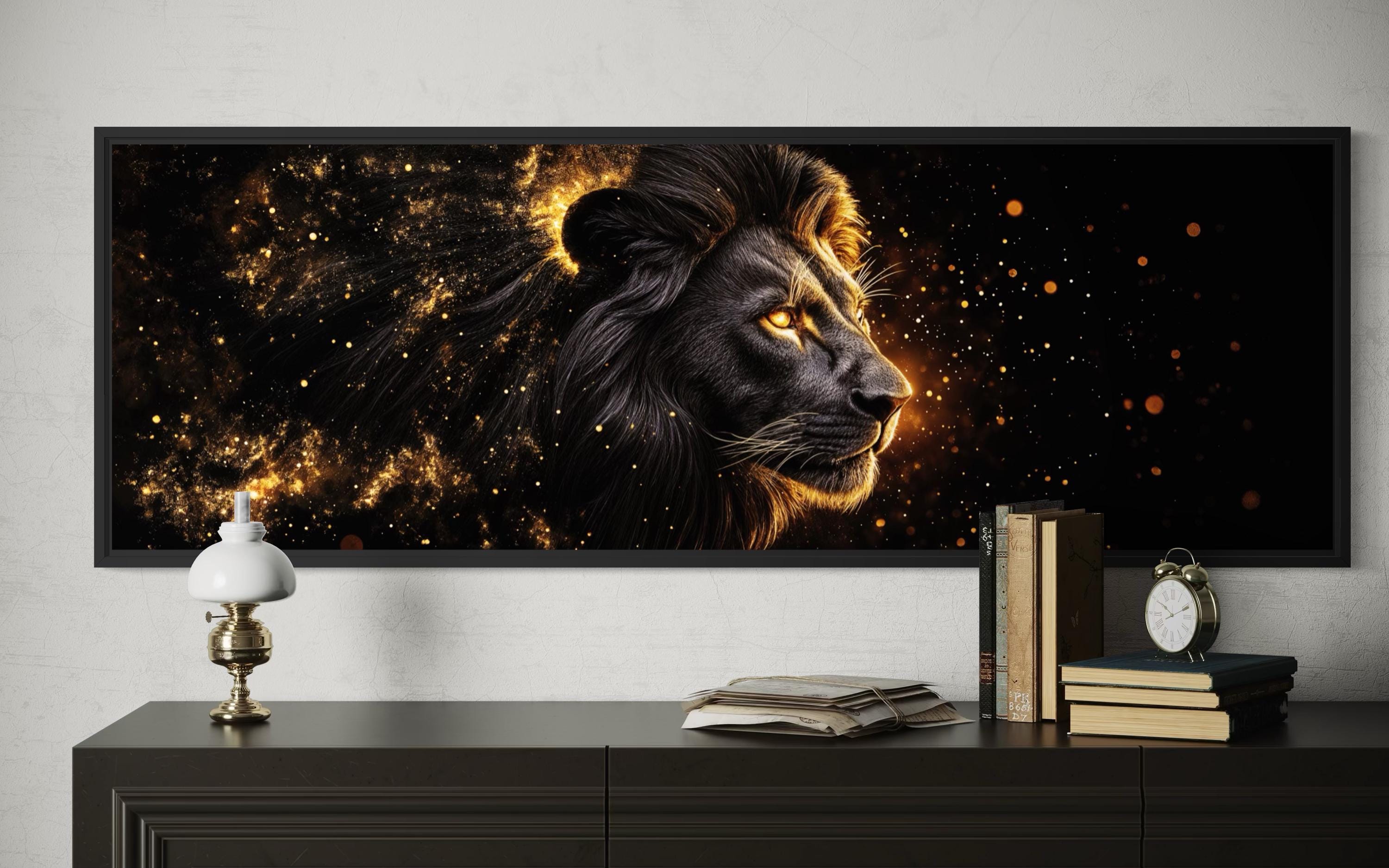 Black Gold Lion Art - Masculine Long Horizontal Canvas | Framed Lion Wall Decor