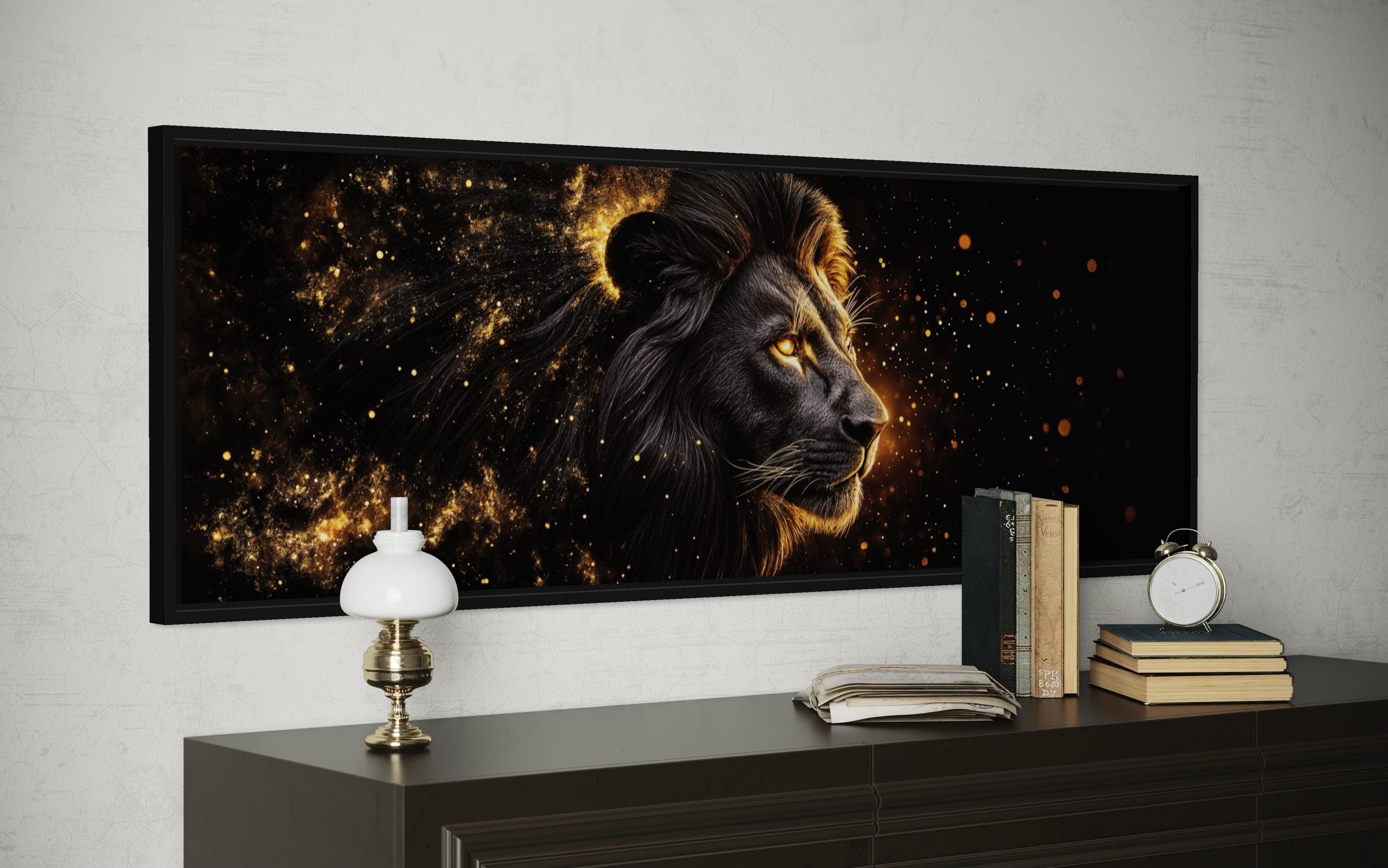 Black Gold Lion Art - Masculine Long Horizontal Canvas | Framed Lion Wall Decor