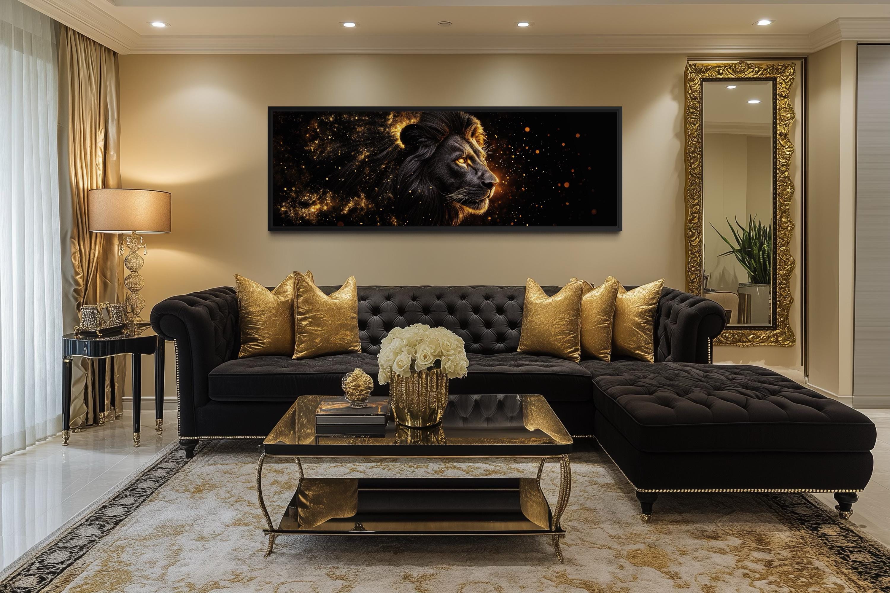 Black Gold Lion Art - Masculine Long Horizontal Canvas | Framed Lion Wall Decor