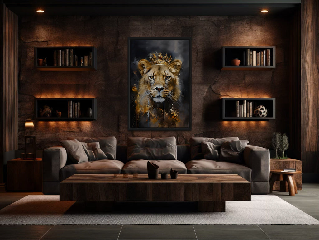 Black Gold Lioness Queen With Crown Framed Canvas Wall Art