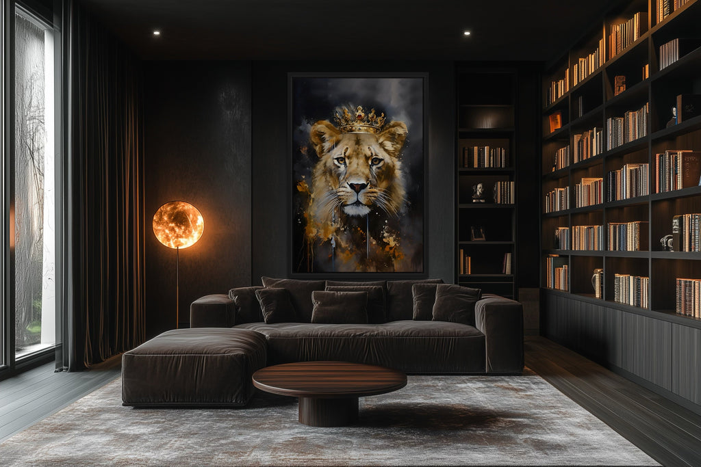 Black Gold Lioness Queen With Crown Framed Canvas Wall Art