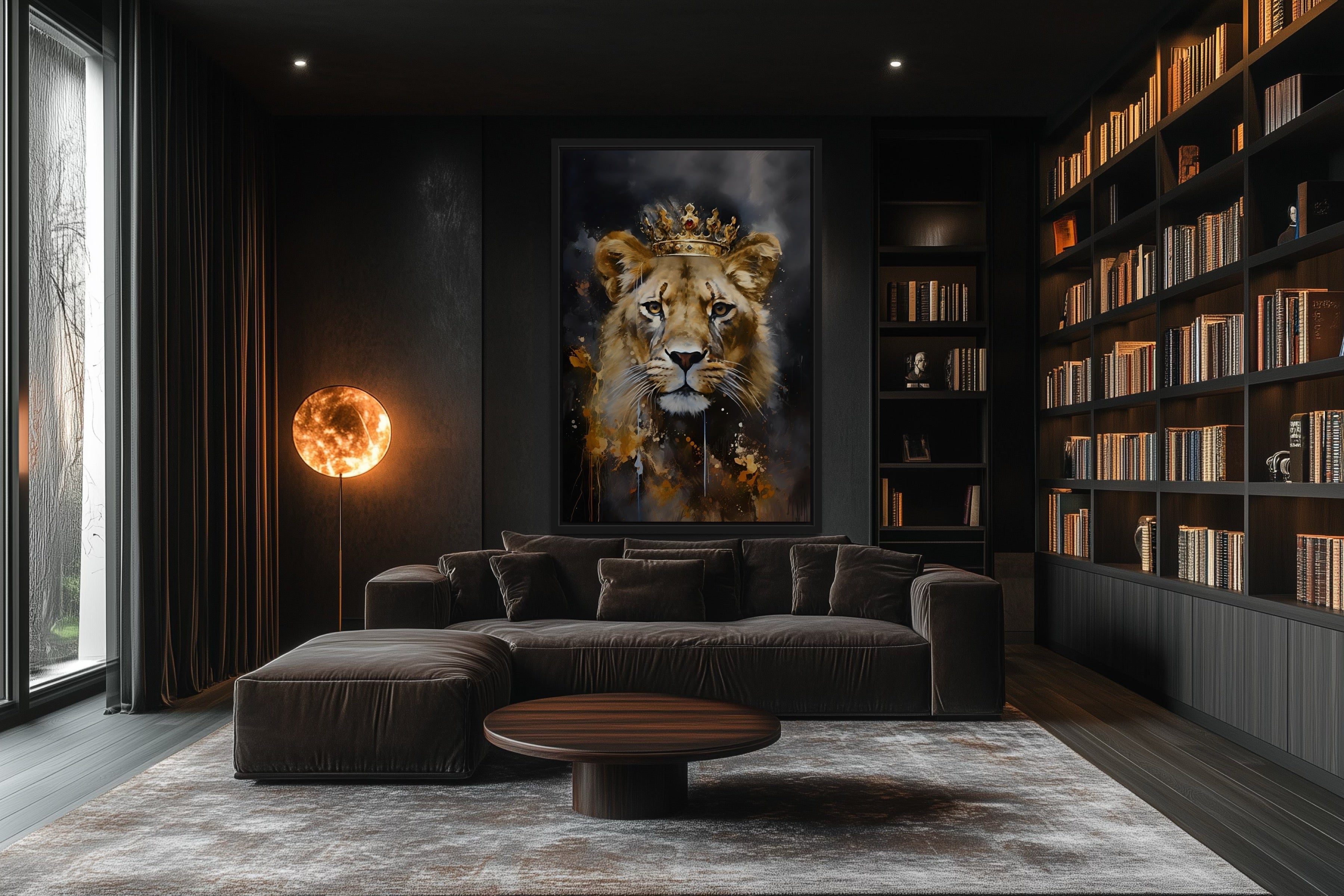 Black Gold Lioness Queen With Crown Framed Canvas Wall Art