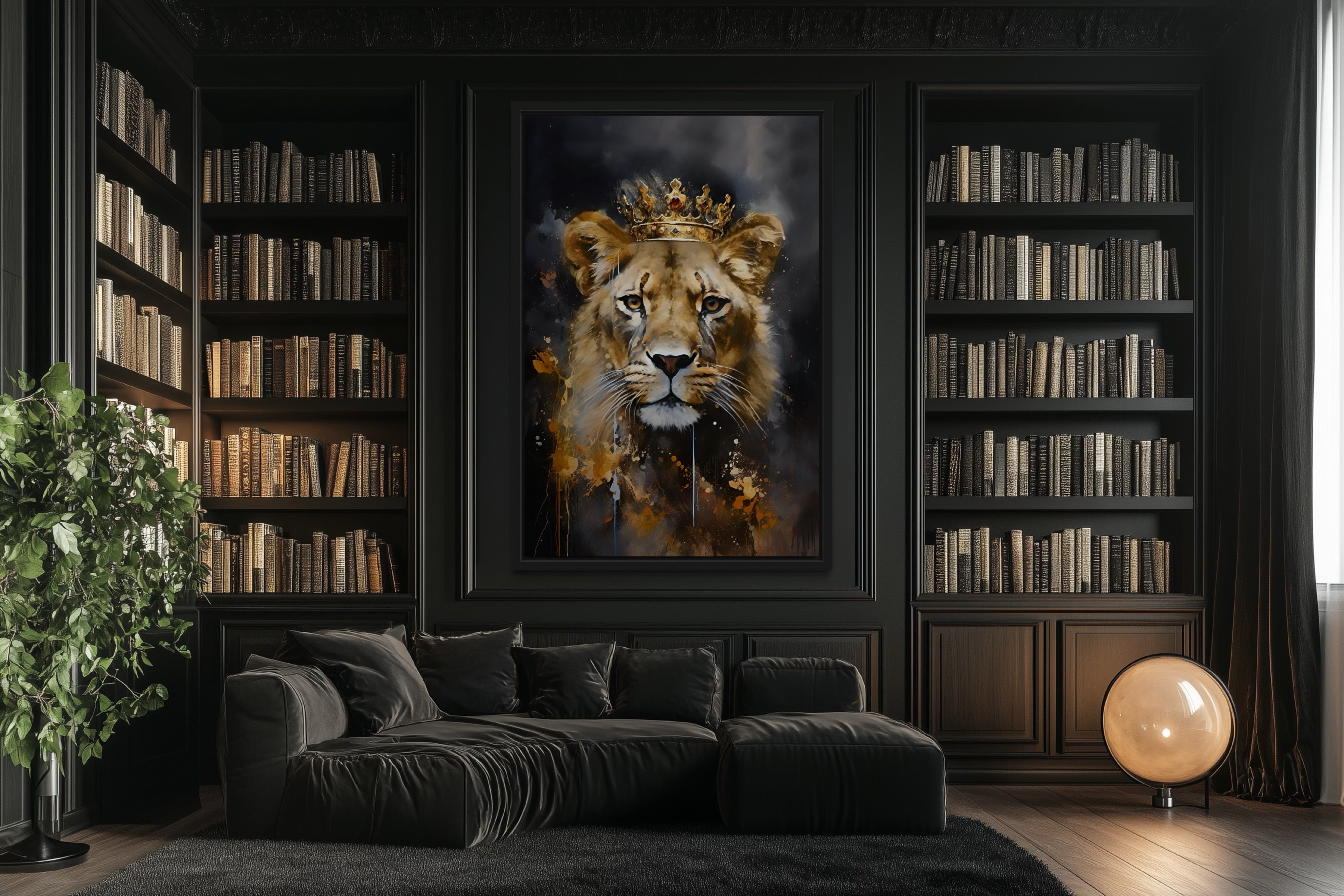 Black Gold Lioness Queen With Crown Framed Canvas Wall Art
