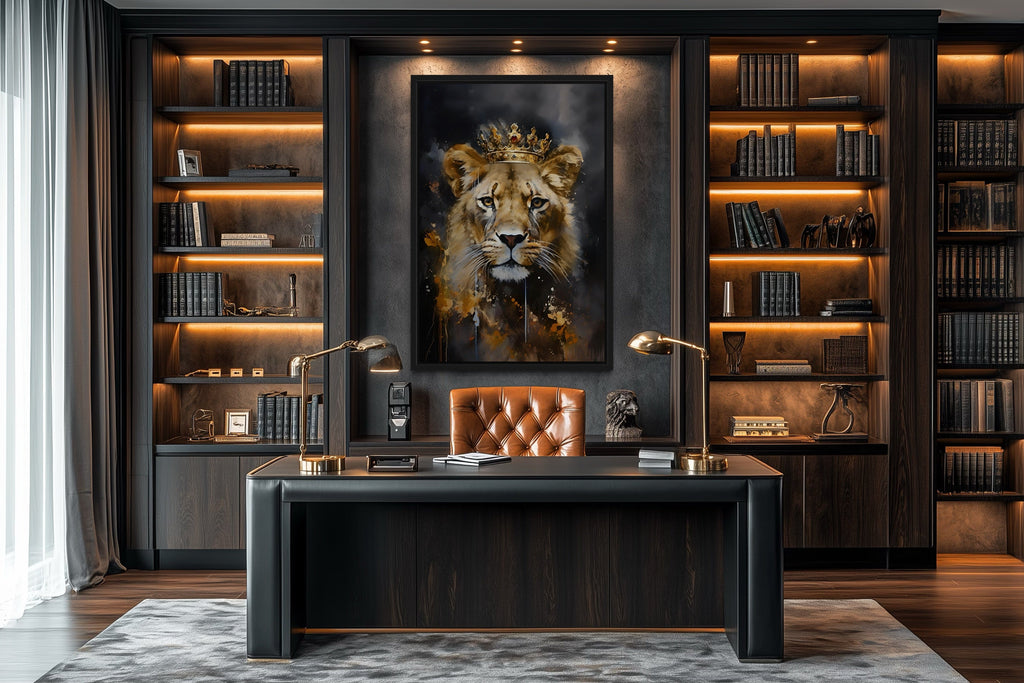 Black Gold Lioness Queen With Crown Framed Canvas Wall Art