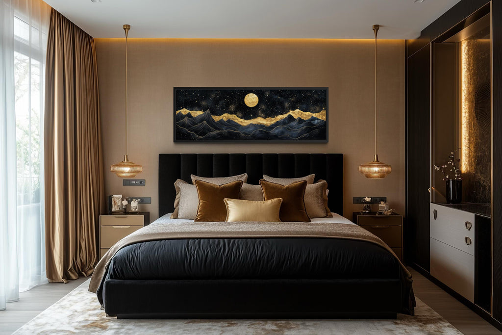 Black Gold Mountain Wall Art – Moonlit Night Landscape Canvas Print, Luxury Abstract Nature Painting