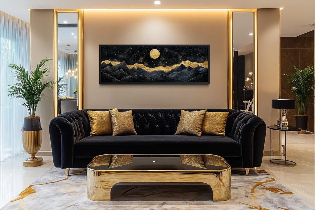 Black Gold Mountain Wall Art – Moonlit Night Landscape Canvas Print, Luxury Abstract Nature Painting