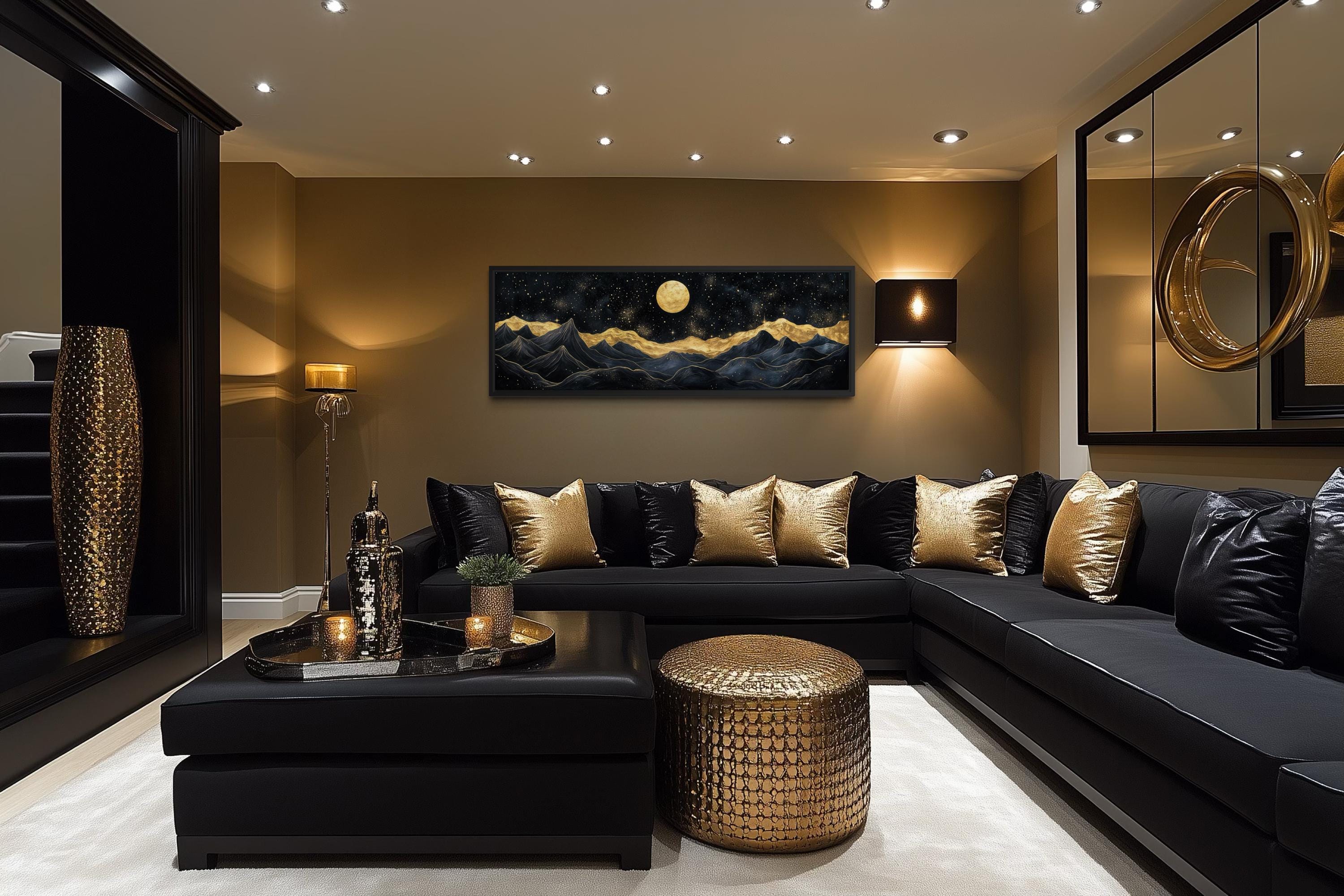 Black Gold Mountain Wall Art – Moonlit Night Landscape Canvas Print, Luxury Abstract Nature Painting